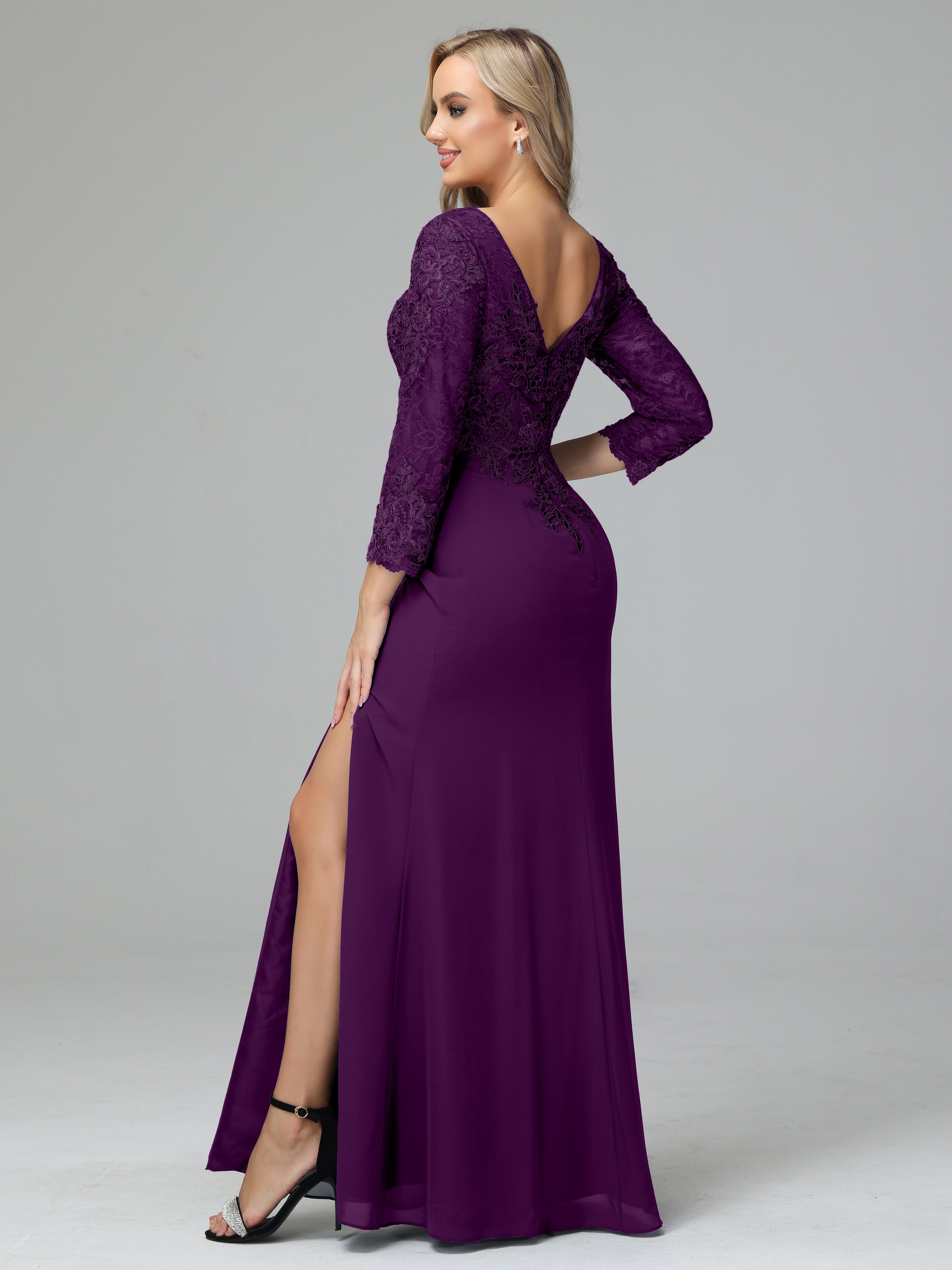 Long Sleeves Floor Length Chiffon Lace Mother Of The Bride Dress