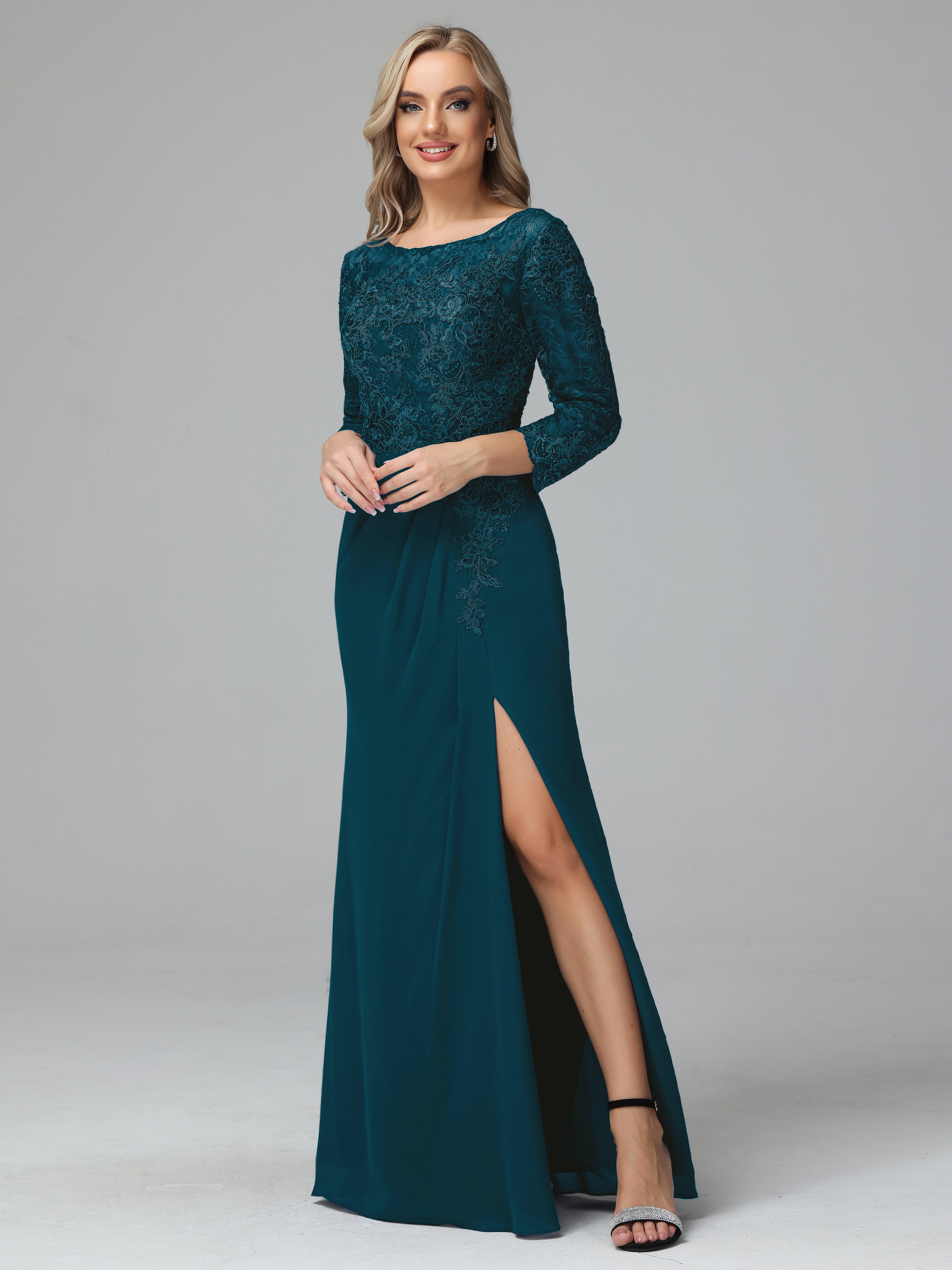 Long Sleeves Floor Length Chiffon Lace Mother Of The Bride Dress