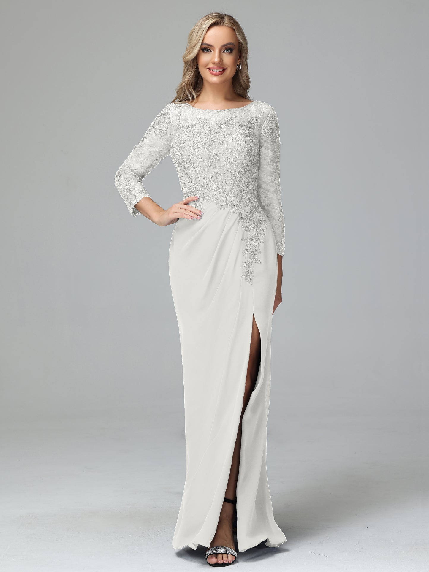 Long Sleeves Floor Length Chiffon Lace Mother Of The Bride Dress