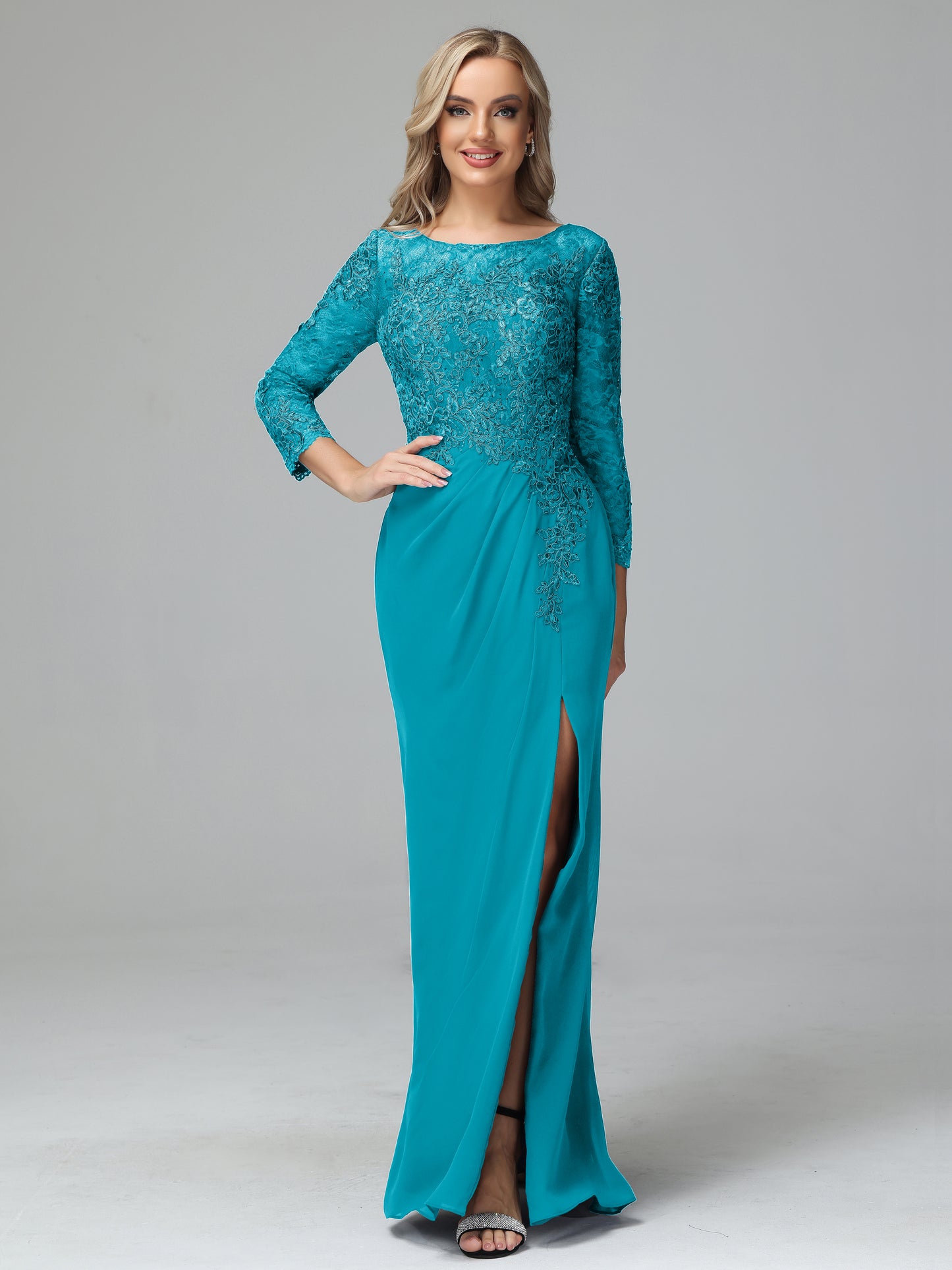 Long Sleeves Floor Length Chiffon Lace Mother Of The Bride Dress