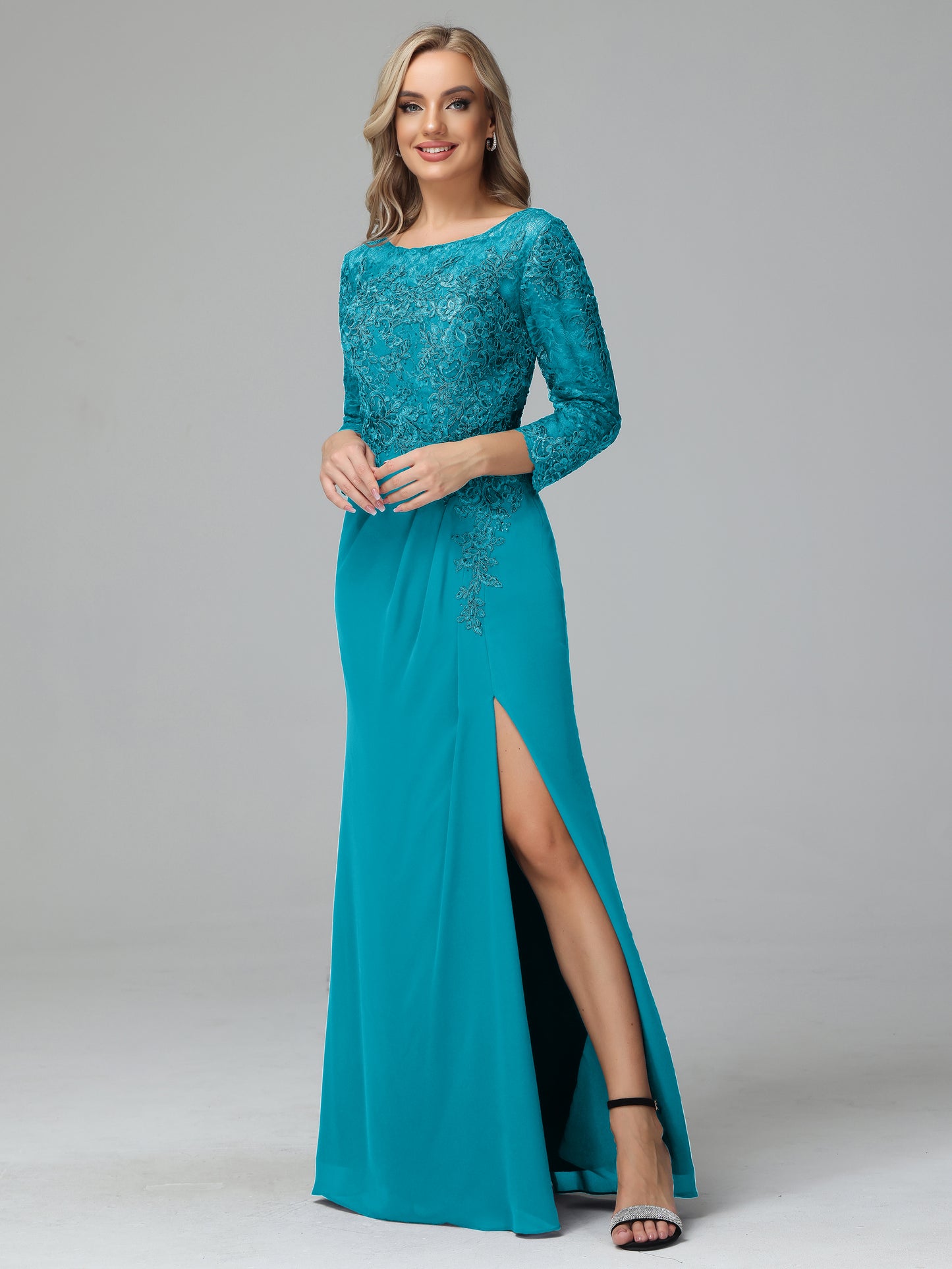 Long Sleeves Floor Length Chiffon Lace Mother Of The Bride Dress