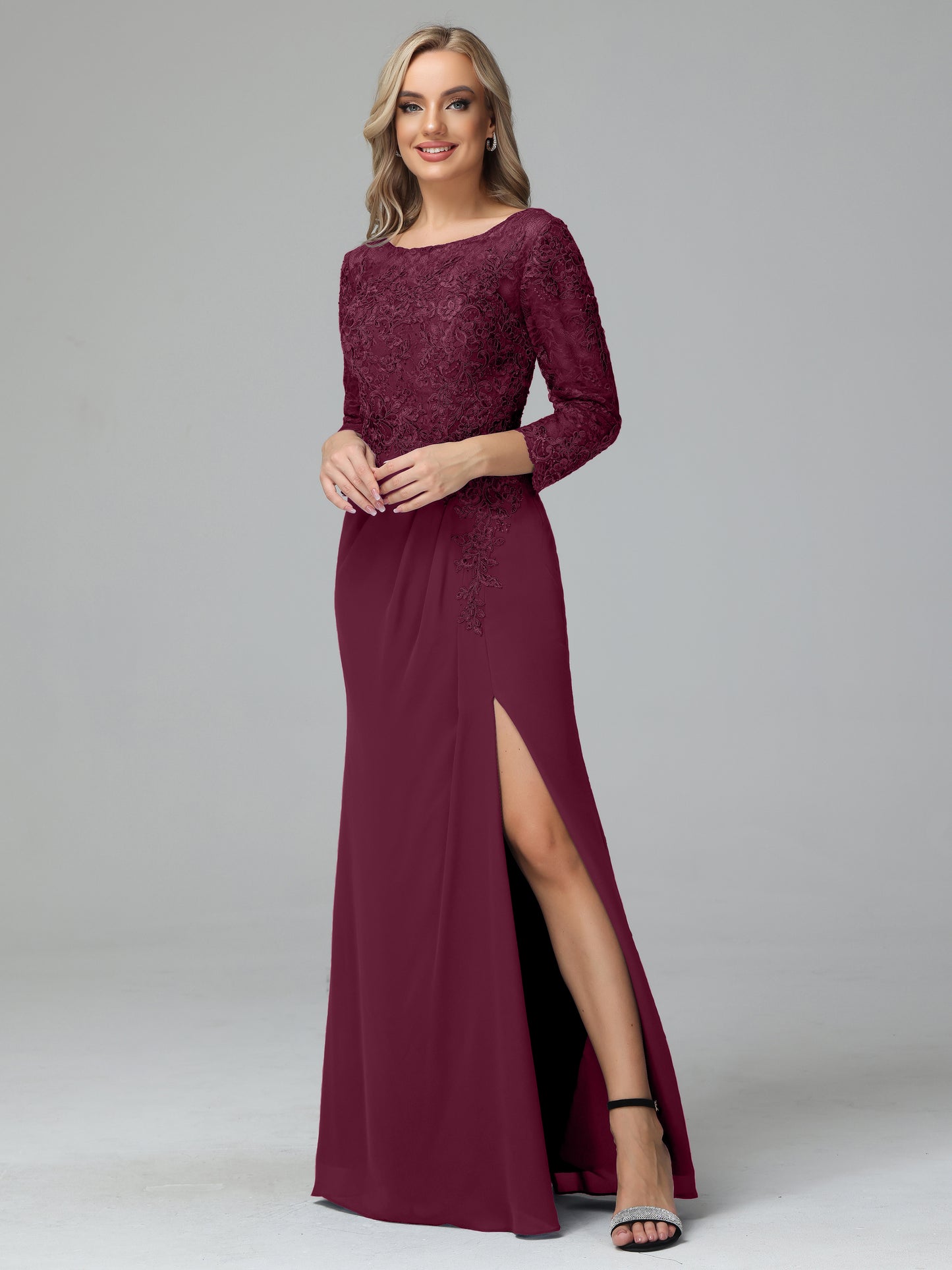 Long Sleeves Floor Length Chiffon Lace Mother Of The Bride Dress