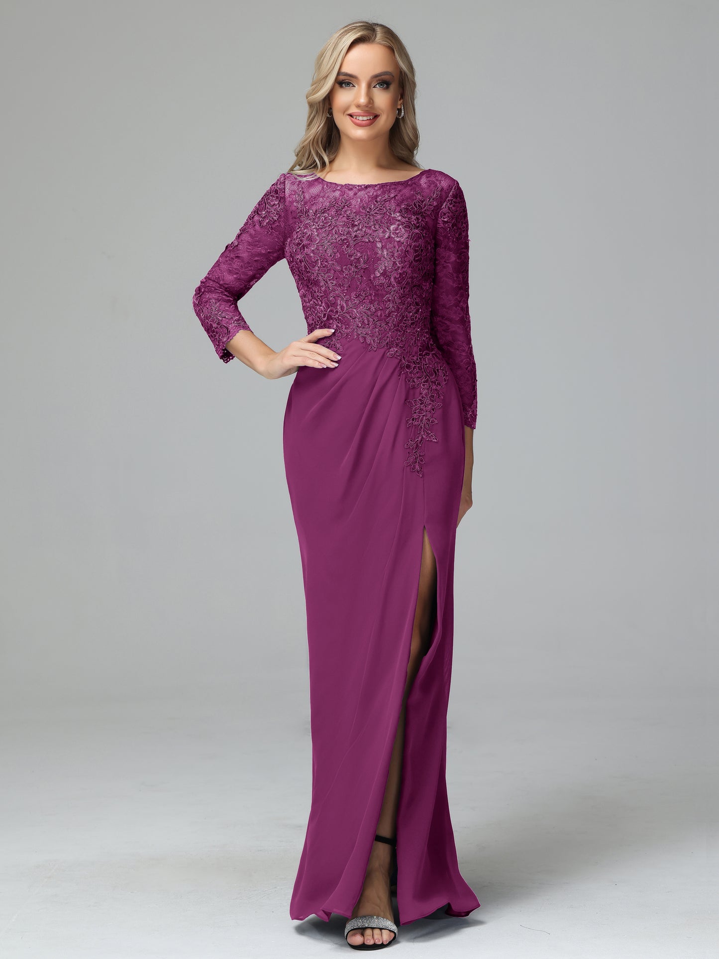Long Sleeves Floor Length Chiffon Lace Mother Of The Bride Dress