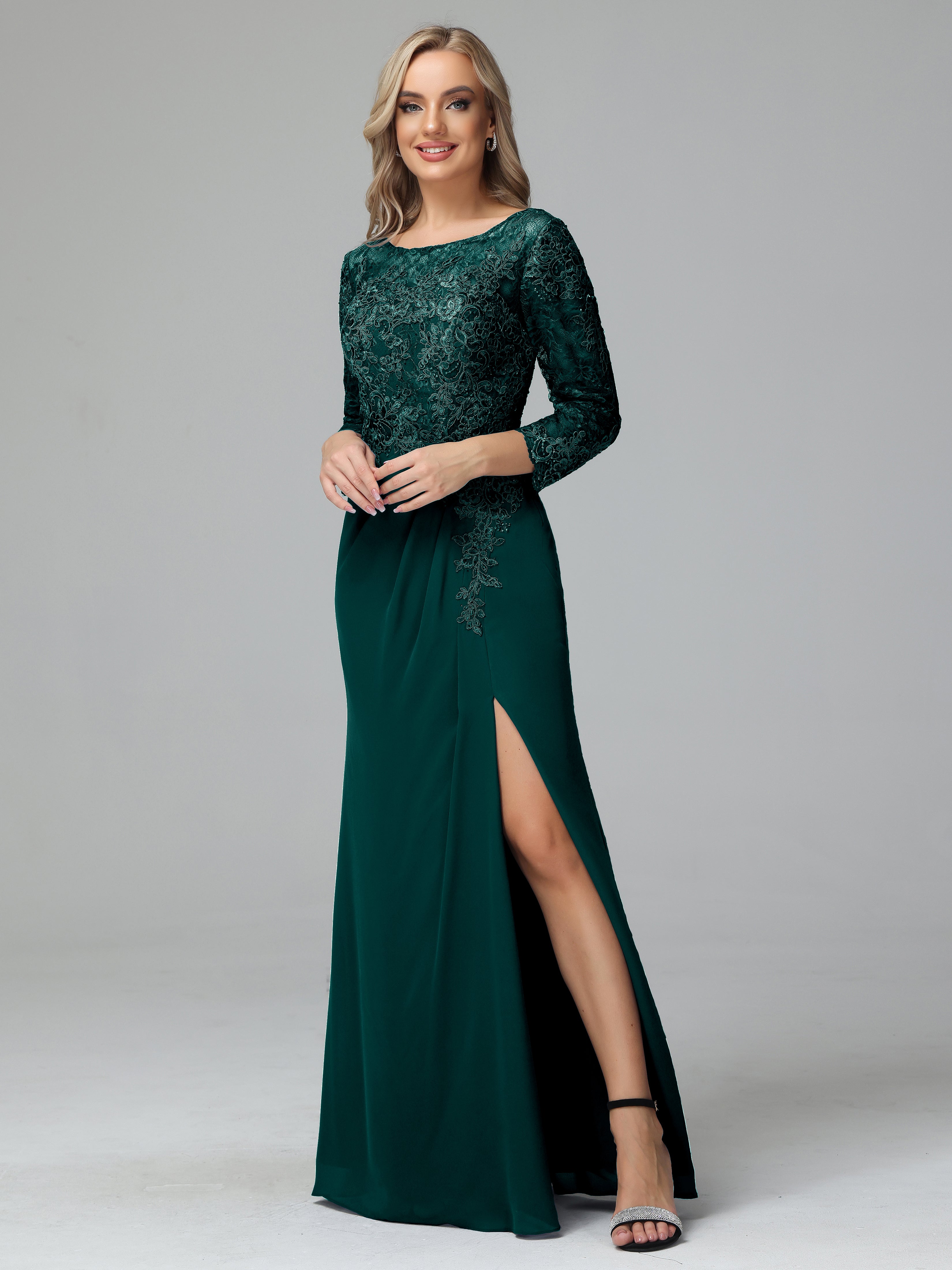 Long Sleeves Floor Length Chiffon Lace Mother Of The Bride Dress