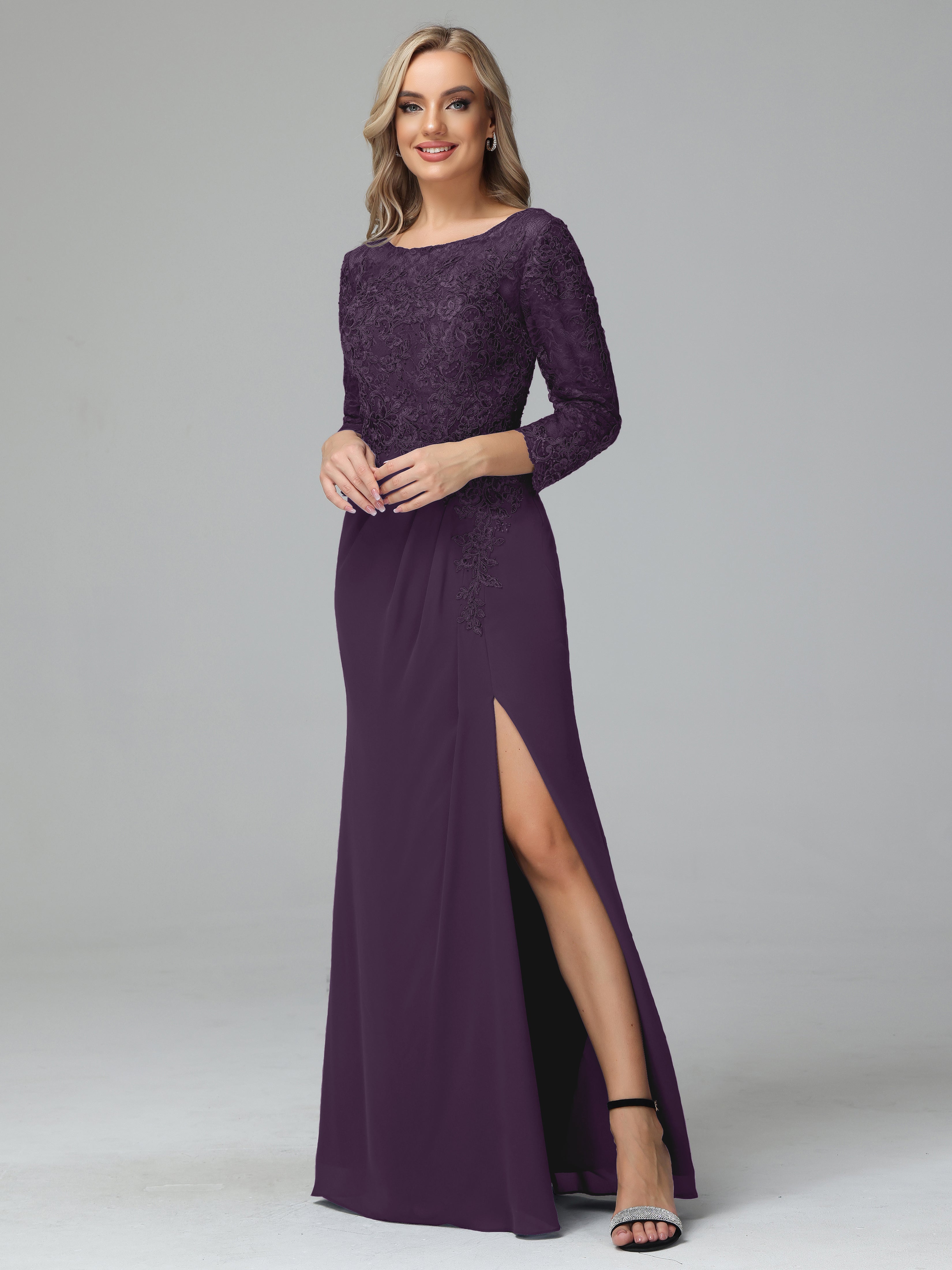 Long Sleeves Floor Length Chiffon Lace Mother Of The Bride Dress