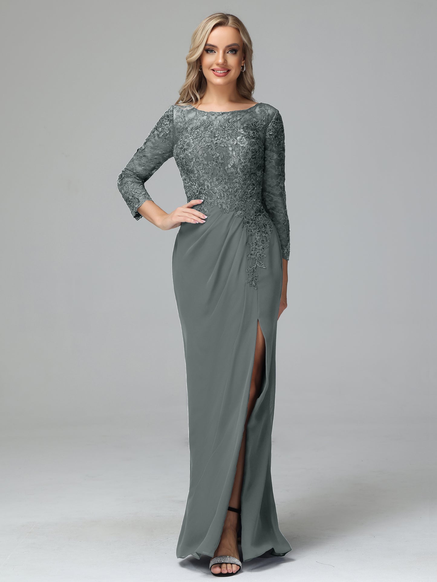 Long Sleeves Floor Length Chiffon Lace Mother Of The Bride Dress