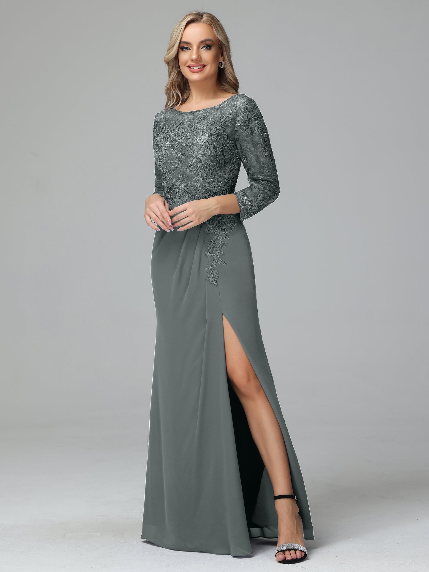 Long Sleeves Floor Length Chiffon Lace Mother Of The Bride Dress
