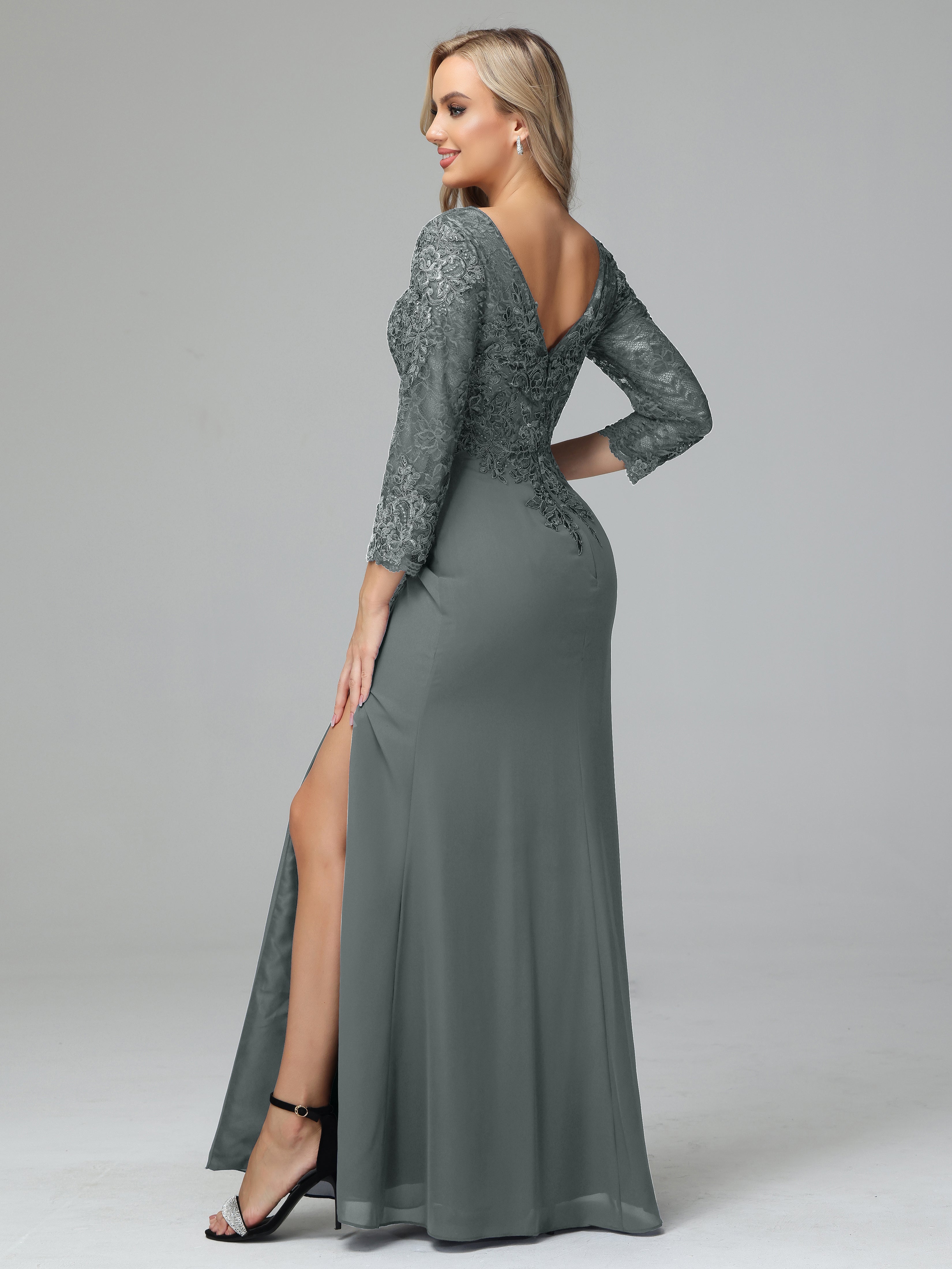 Long Sleeves Floor Length Chiffon Lace Mother Of The Bride Dress