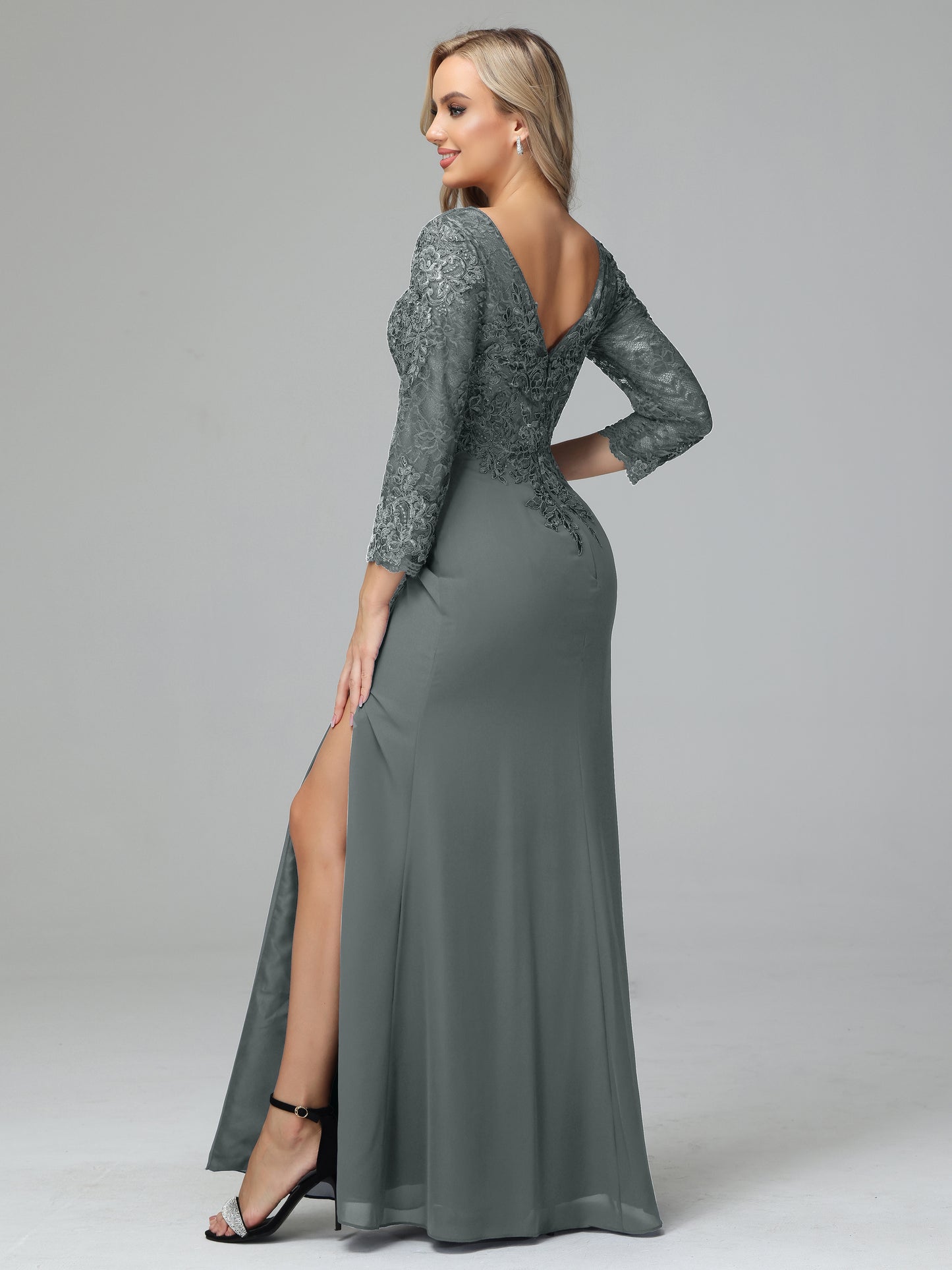 Long Sleeves Floor Length Chiffon Lace Mother Of The Bride Dress