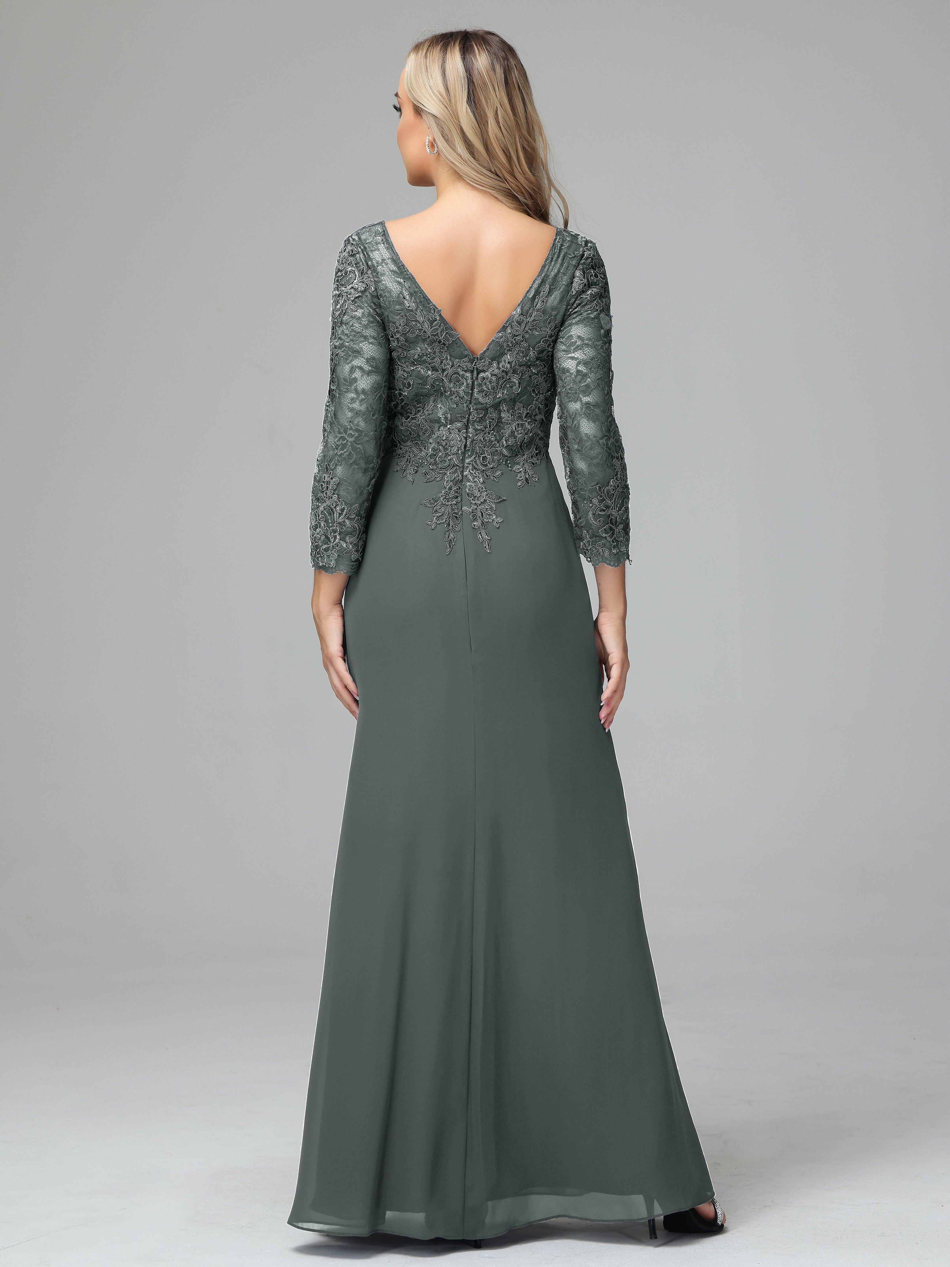 Long Sleeves Floor Length Chiffon Lace Mother Of The Bride Dress