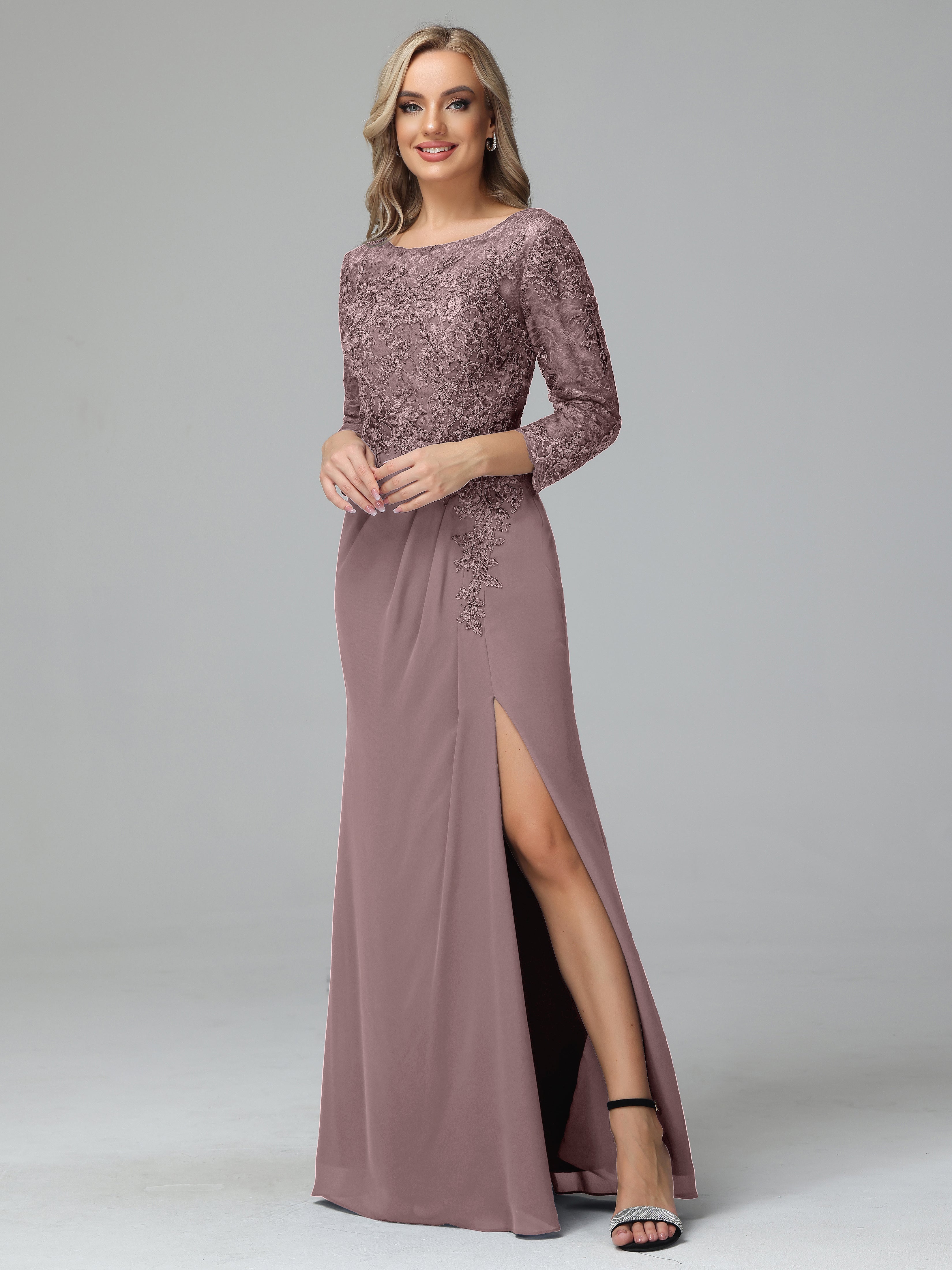 Long Sleeves Floor Length Chiffon Lace Mother Of The Bride Dress