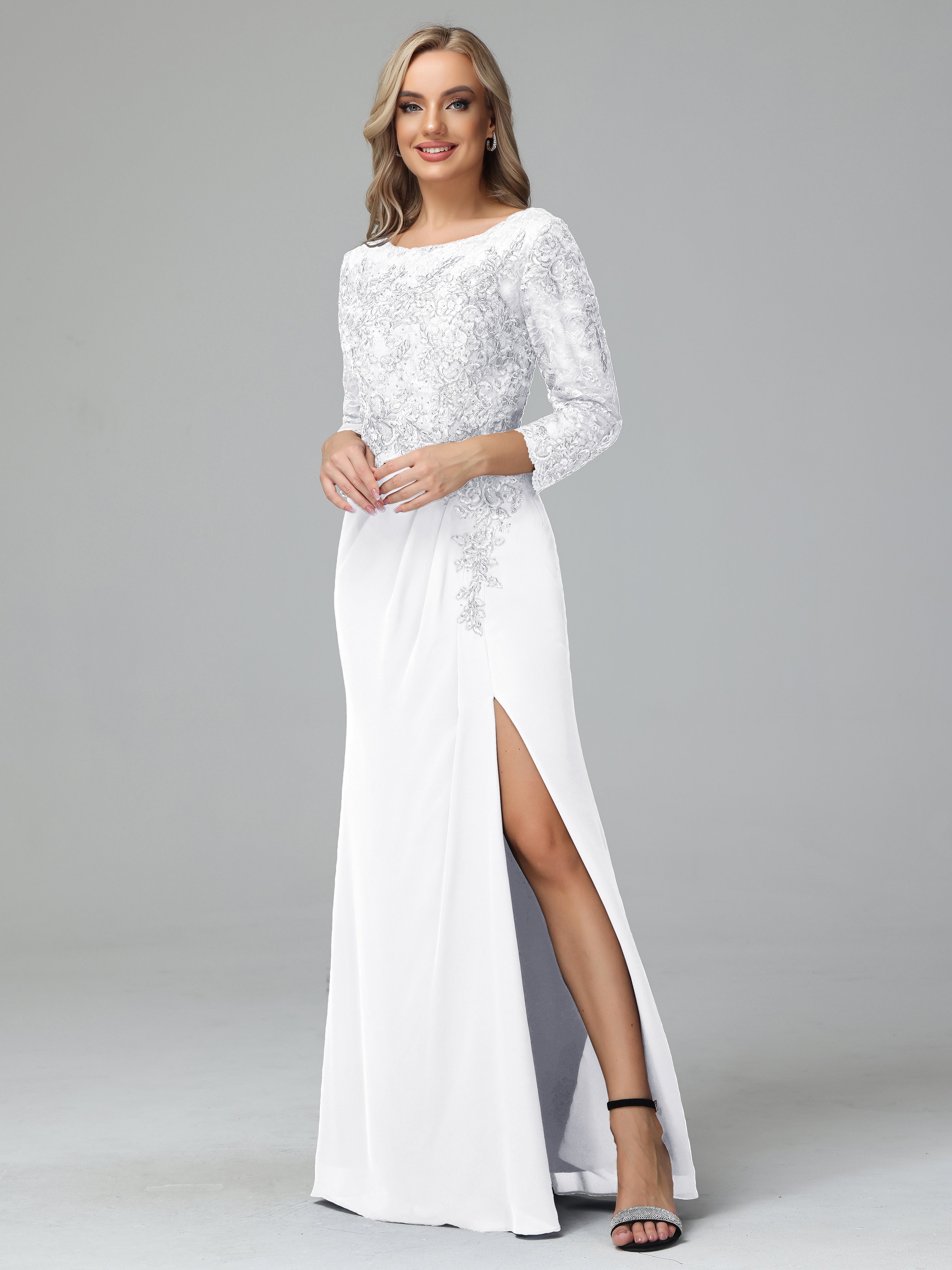 Long Sleeves Floor Length Chiffon Lace Mother Of The Bride Dress