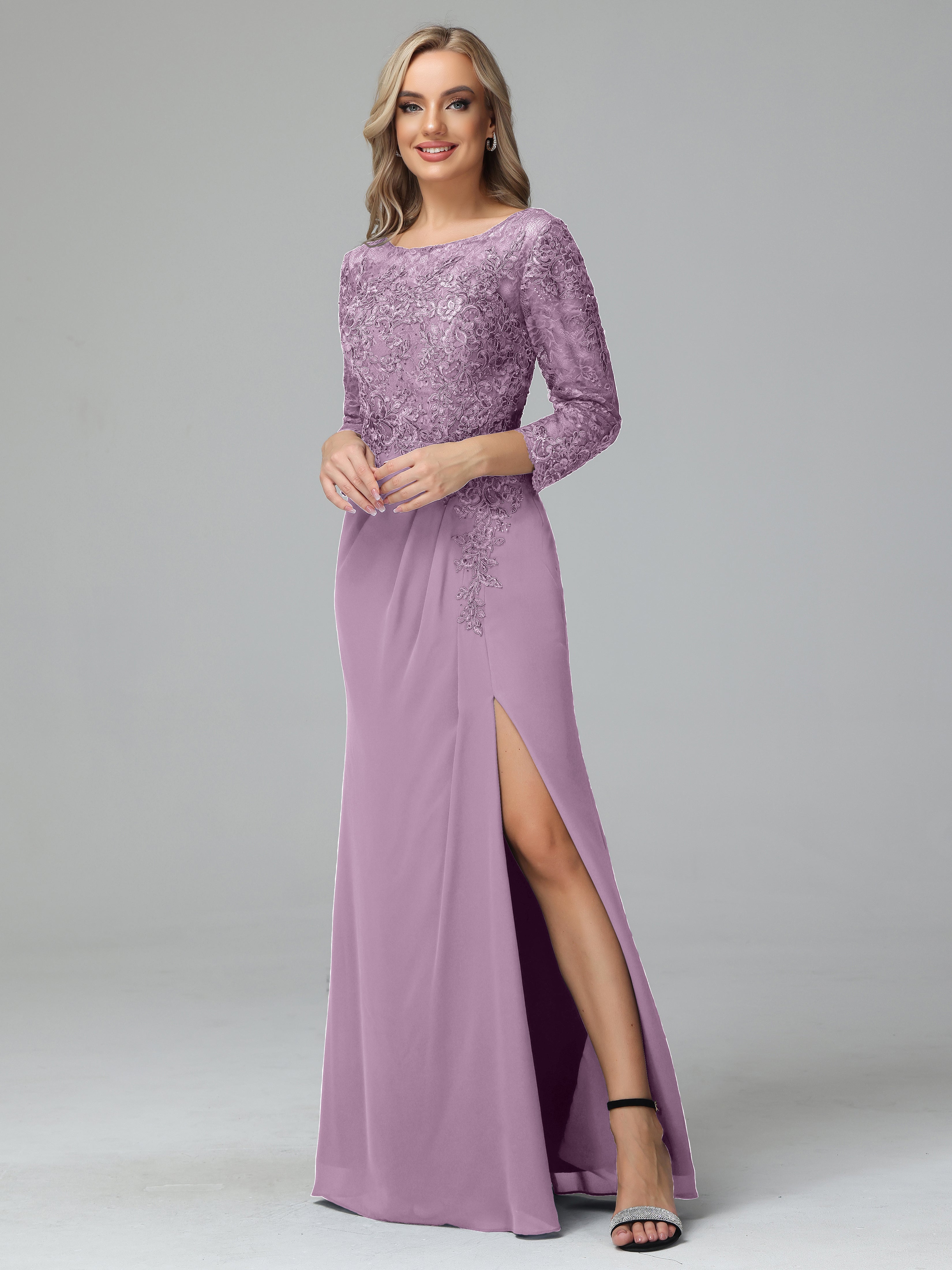 Long Sleeves Floor Length Chiffon Lace Mother Of The Bride Dress