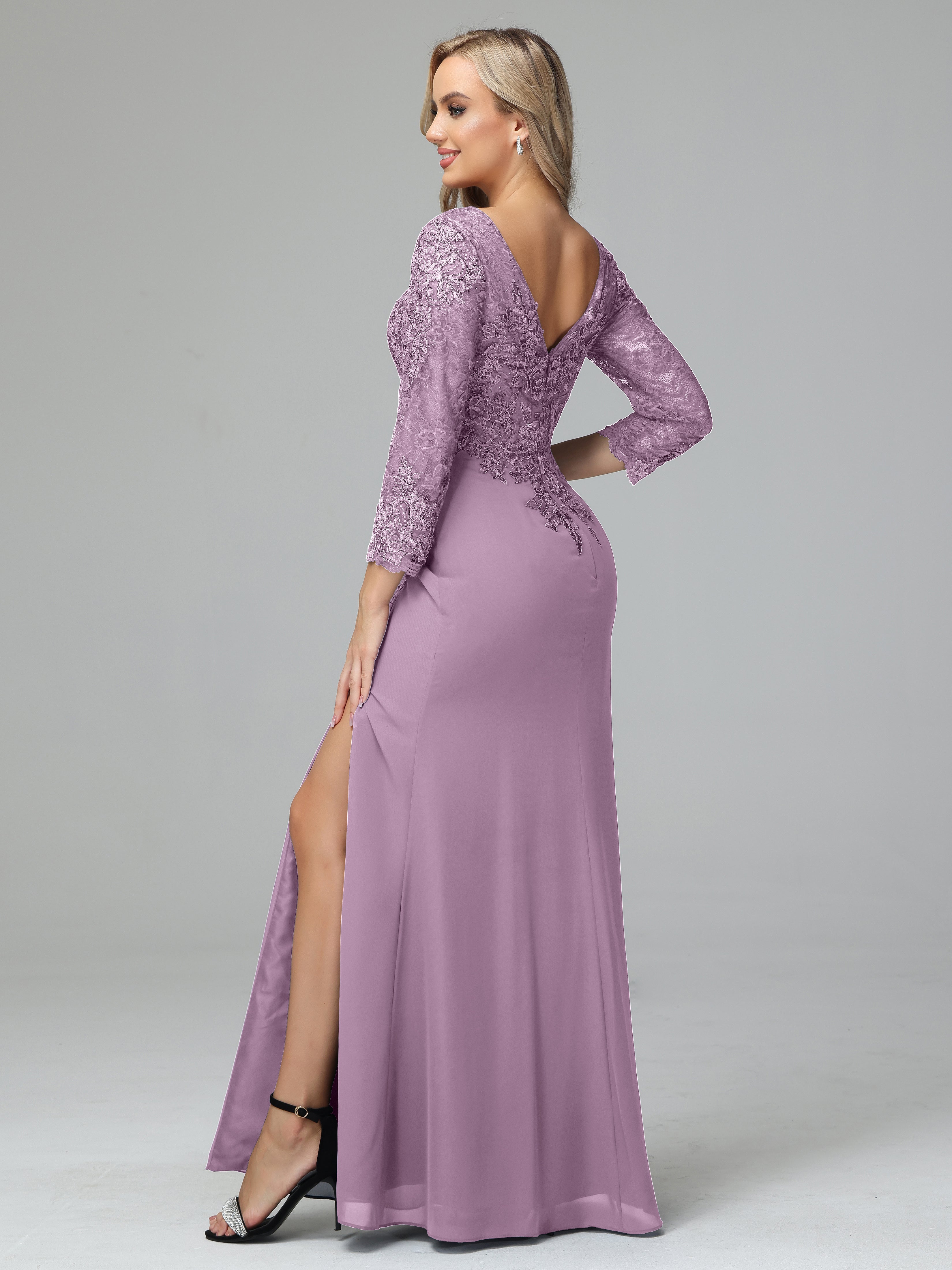 Long Sleeves Floor Length Chiffon Lace Mother Of The Bride Dress