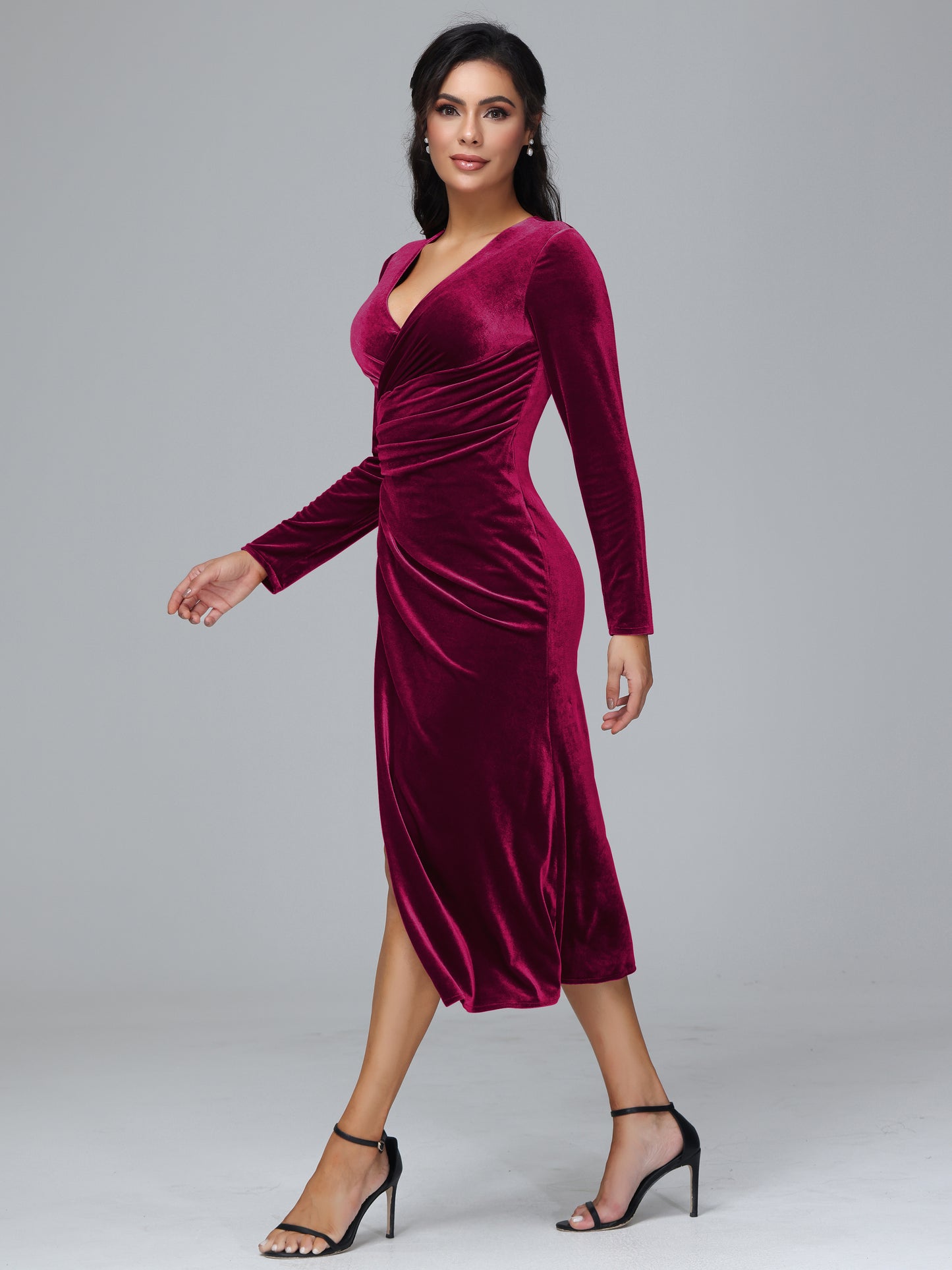 Long Sleeves Tea Length Velvet Bridesmaid Dress