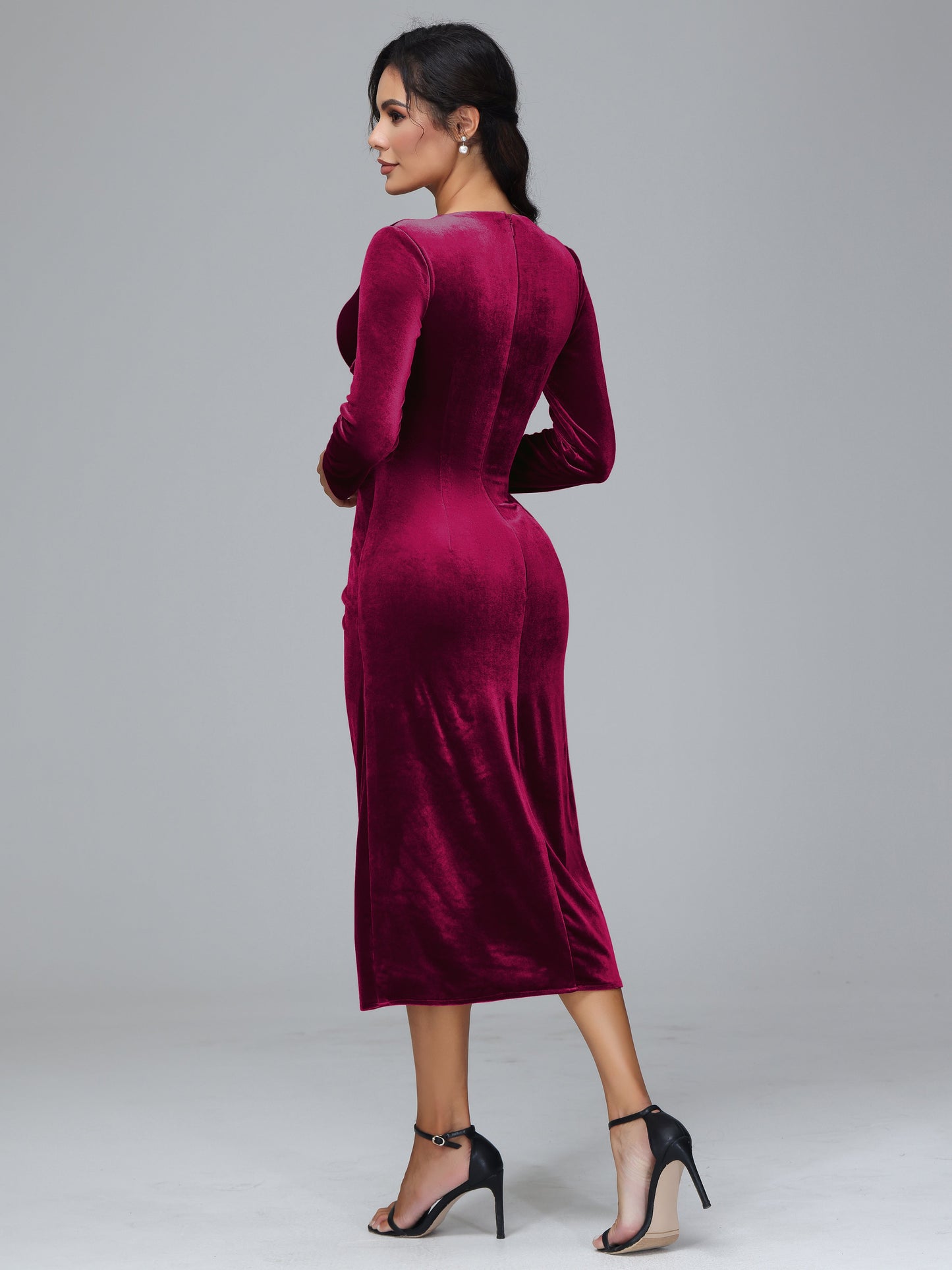 Long Sleeves Tea Length Plus Size Velvet Bridesmaid Dress