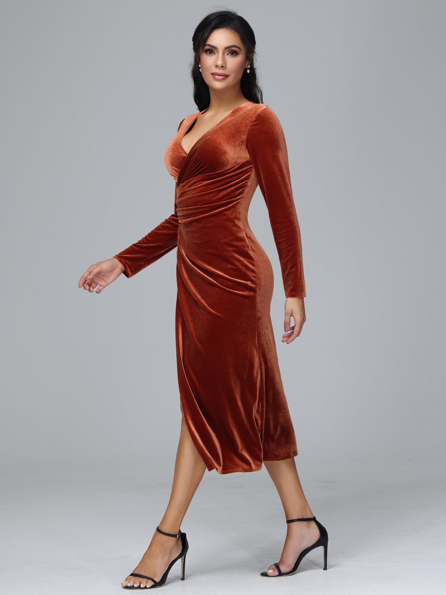 Long Sleeves Tea Length Plus Size Velvet Bridesmaid Dress