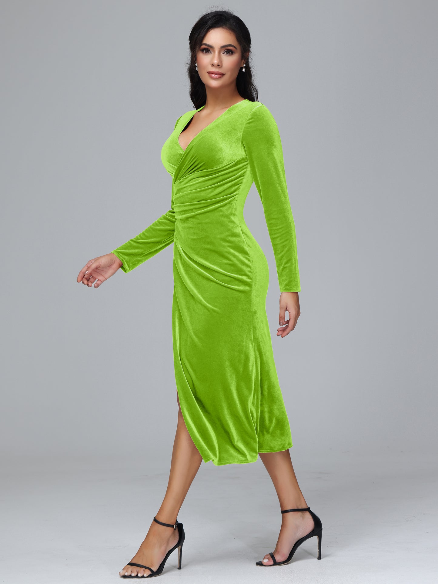 Long Sleeves Tea Length Velvet Bridesmaid Dress