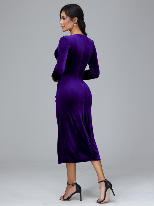 Long Sleeves Tea Length Velvet Bridesmaid Dress