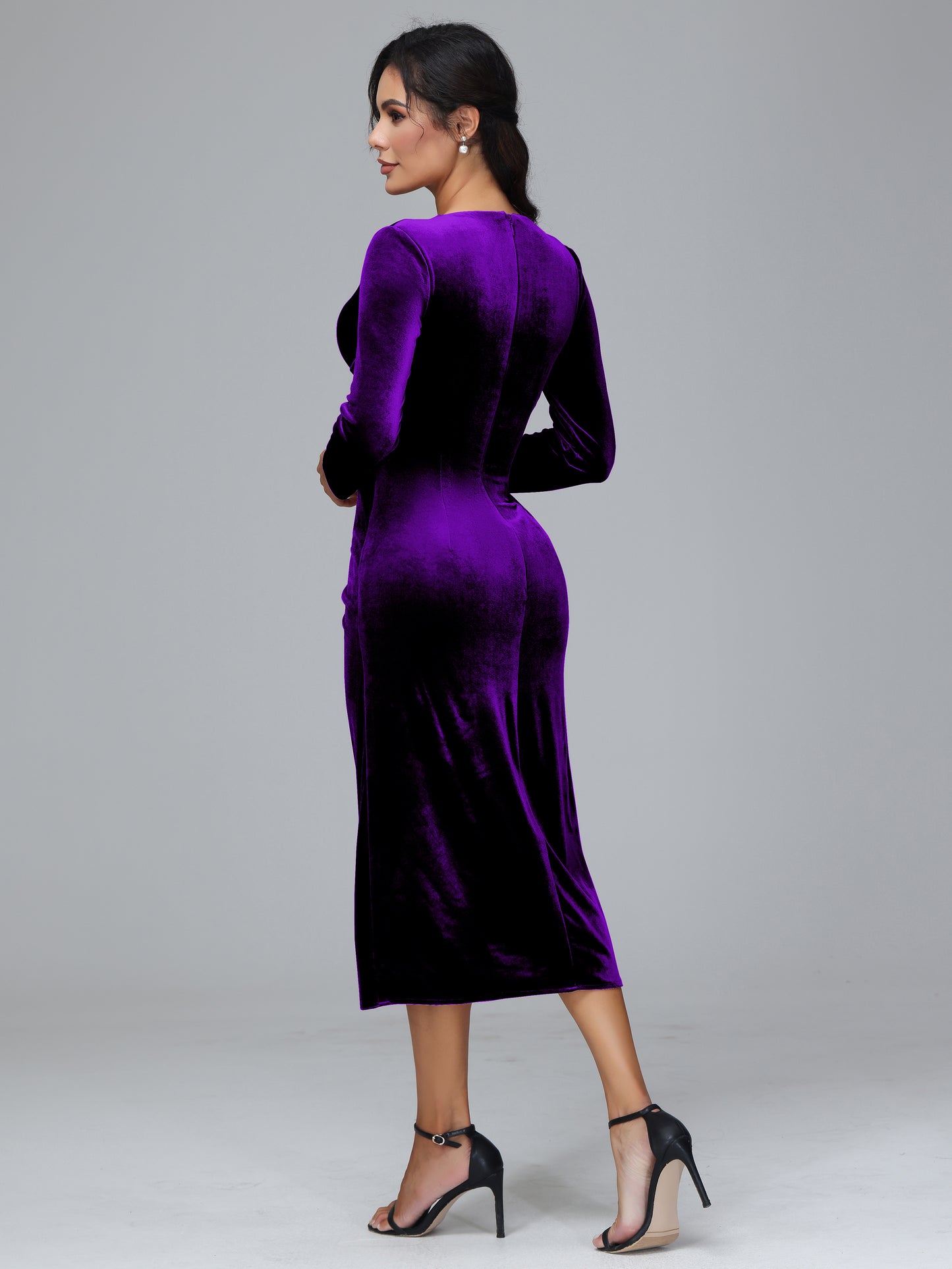 Long Sleeves Tea Length Velvet Bridesmaid Dress