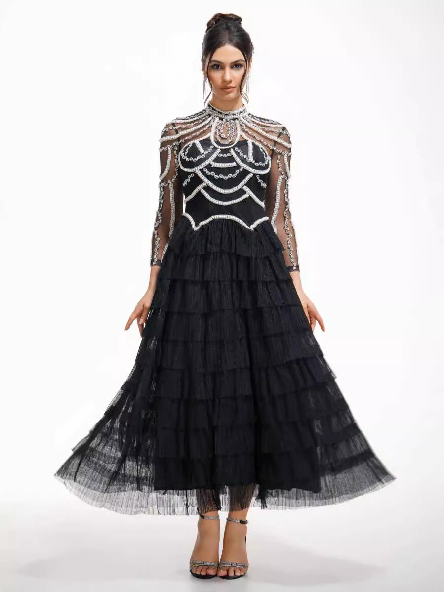 Luxurious Black Evening Dress Beaded Long Sleeves A Line Formal Dress, Black / M