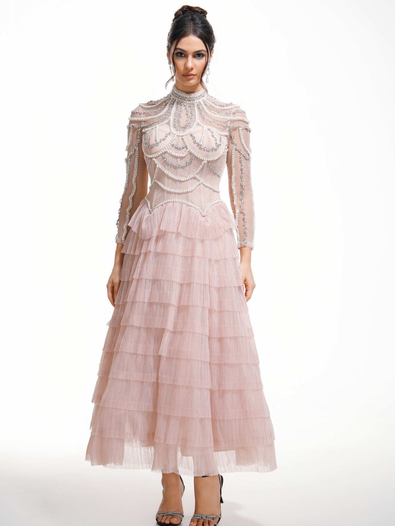 Pink Luxurious Evening Dress Beaded Long Sleeves A Line Prom Dress, Pink / S Pink Luxurious Evening Dress Beaded Long Sleeves A Line Prom Dress, Pink / S