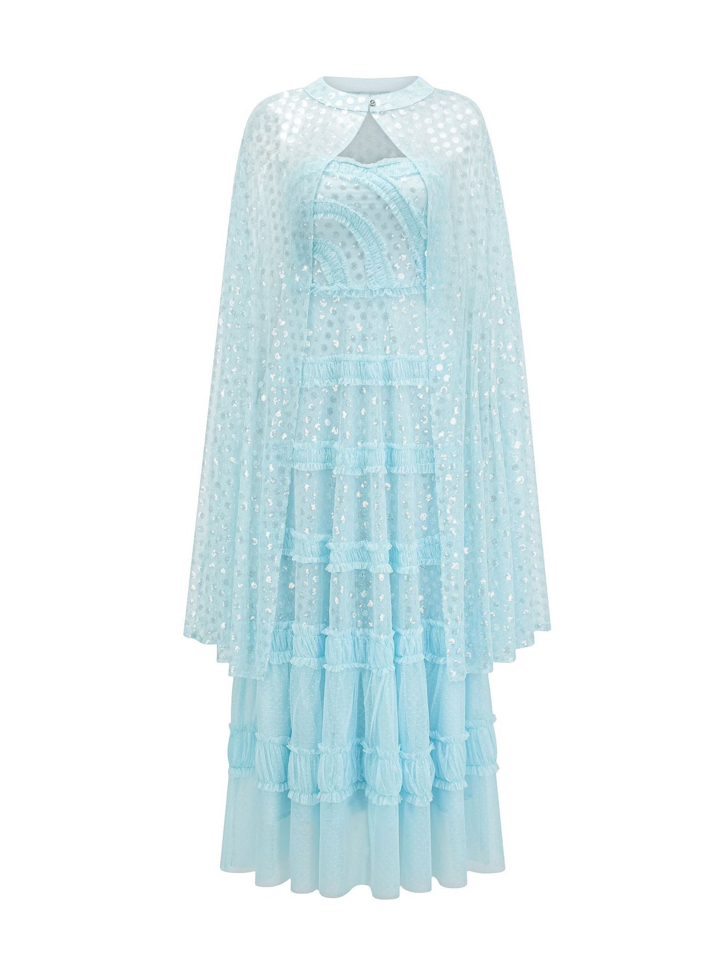 Glitter Sky Blue Two Pieces Sequins Round Neck Long Prom Dress