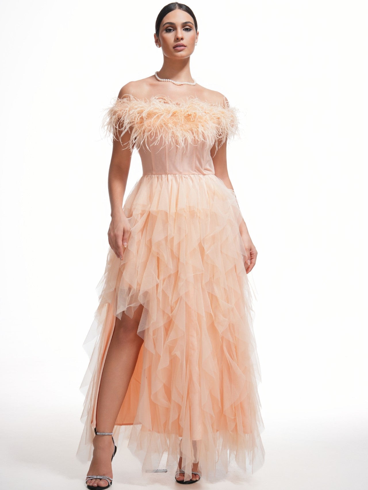Champagne Elegant Off the Shoulder with Feathers Ruffles Prom Dress Champagne Elegant Off the Shoulder with Feathers Ruffles Prom Dress