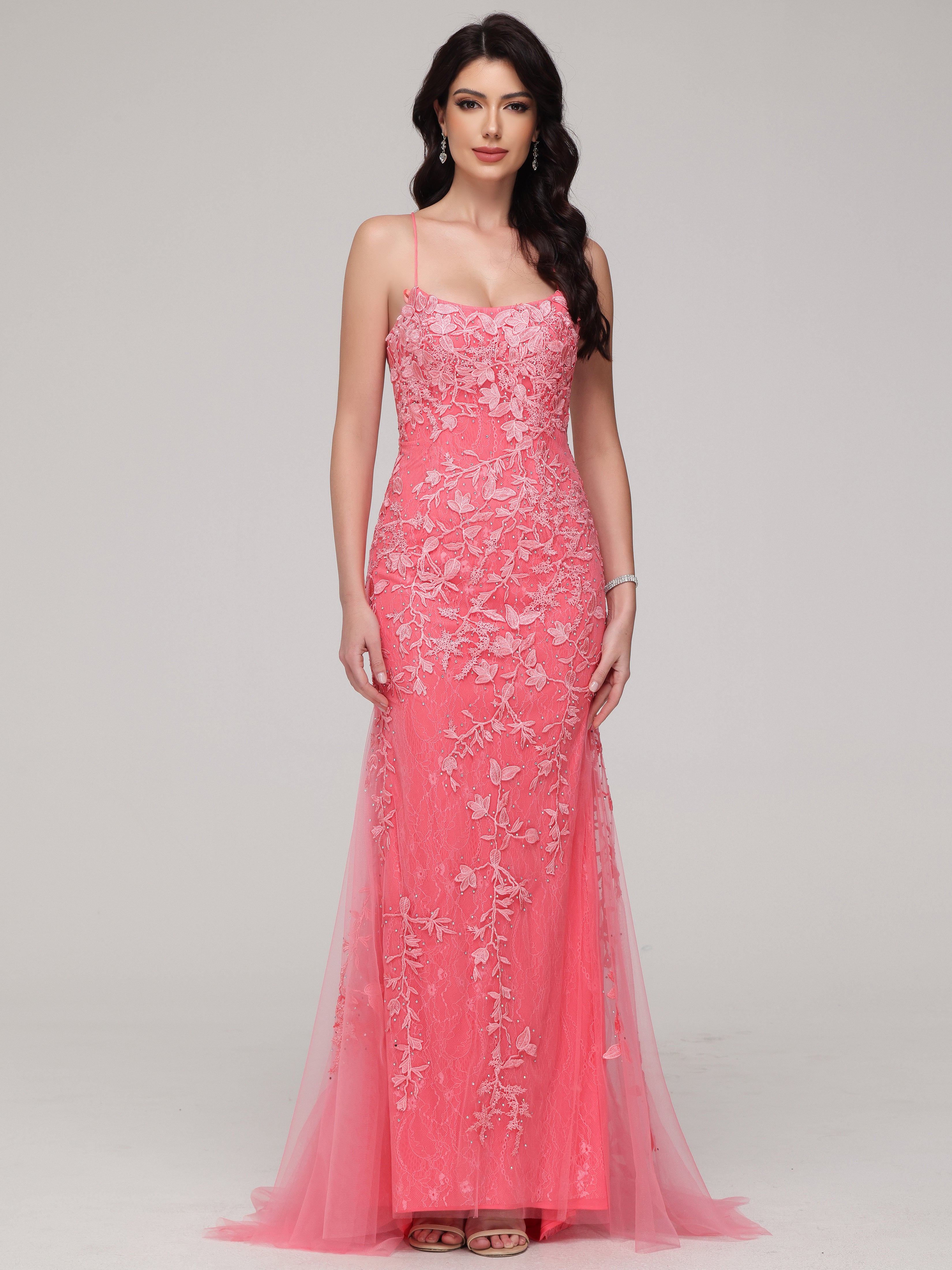 Mermaid Spaghetti Straps Lace Appliques Tulle Prom Dress with Beads Mermaid Spaghetti Straps Lace Appliques Tulle Prom Dress with Beads