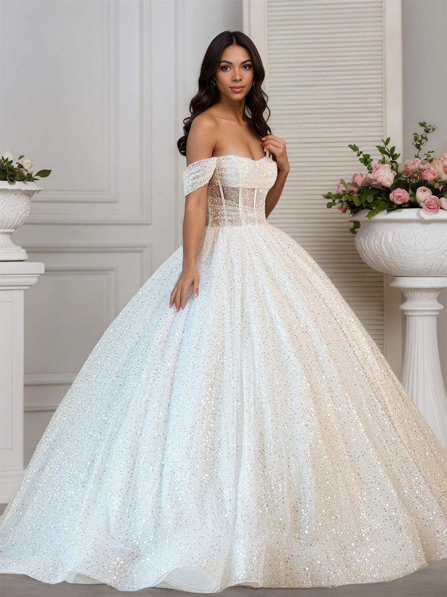Stunning Sequins Tulle See-through Waist A Line Wedding Dress