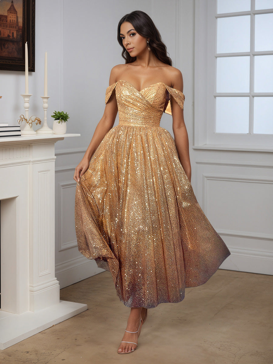 Cicinia Champagne Prom Dresses Sequins Tulle Ankle Length Off The Shou