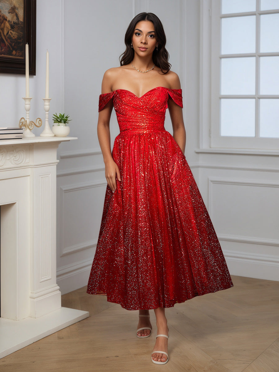 Cicinia Burgundy Prom Dresses Sequins Tulle Ankle Length Off The Shoulder Evening Dresses Cicinia Burgundy Prom Dresses Sequins Tulle Ankle Length Off The Shoulder Evening Dresses