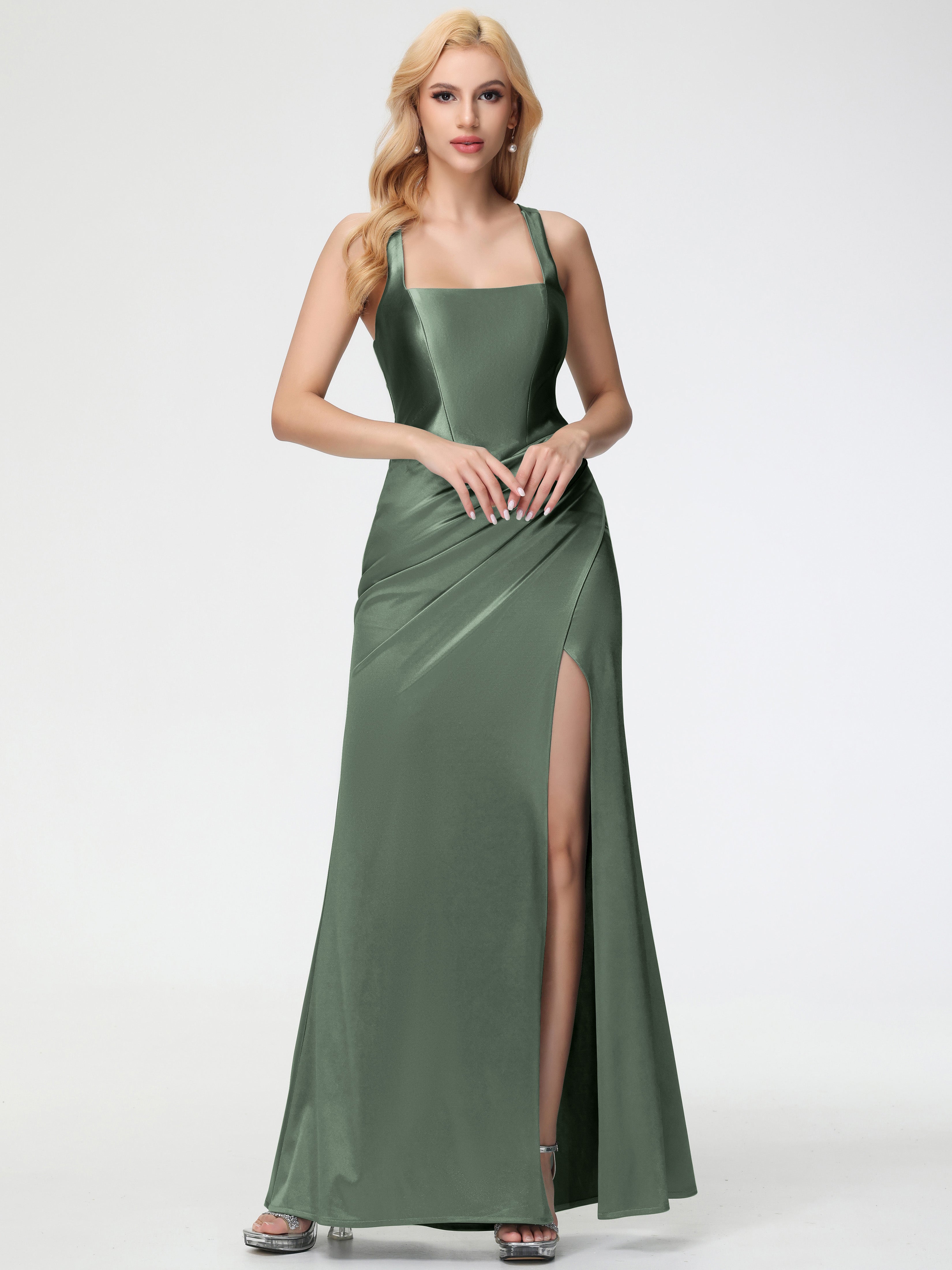 Olive Green Formal Dresses Straps Ruched Floor Length Sheath Formal Dr Olive Green Formal Dresses Straps Ruched Floor Length Sheath Formal Dr