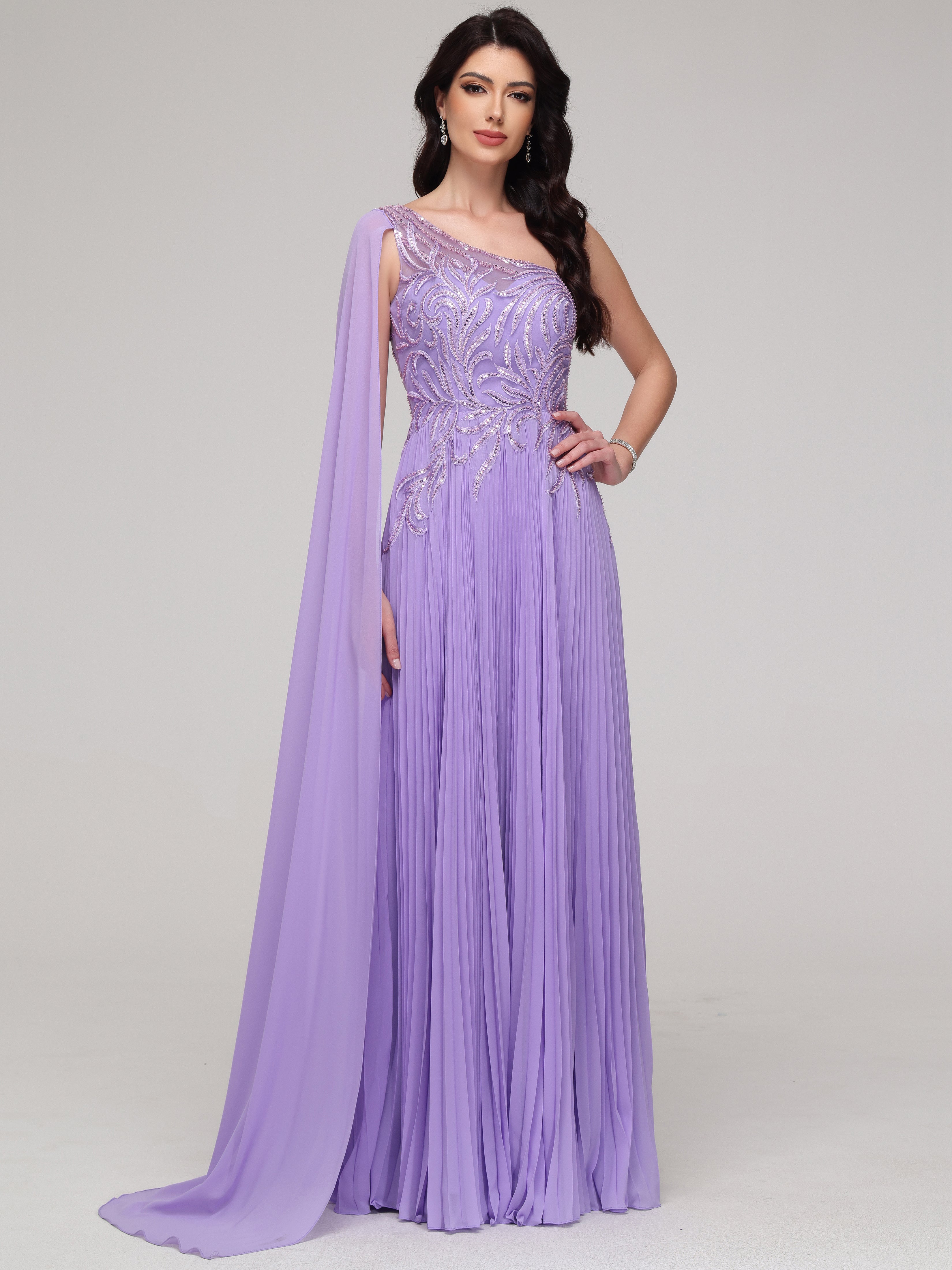 One Shoulder Flowy Sequin Appliqued Chiffon Prom Dress One Shoulder Flowy Sequin Appliqued Chiffon Prom Dress