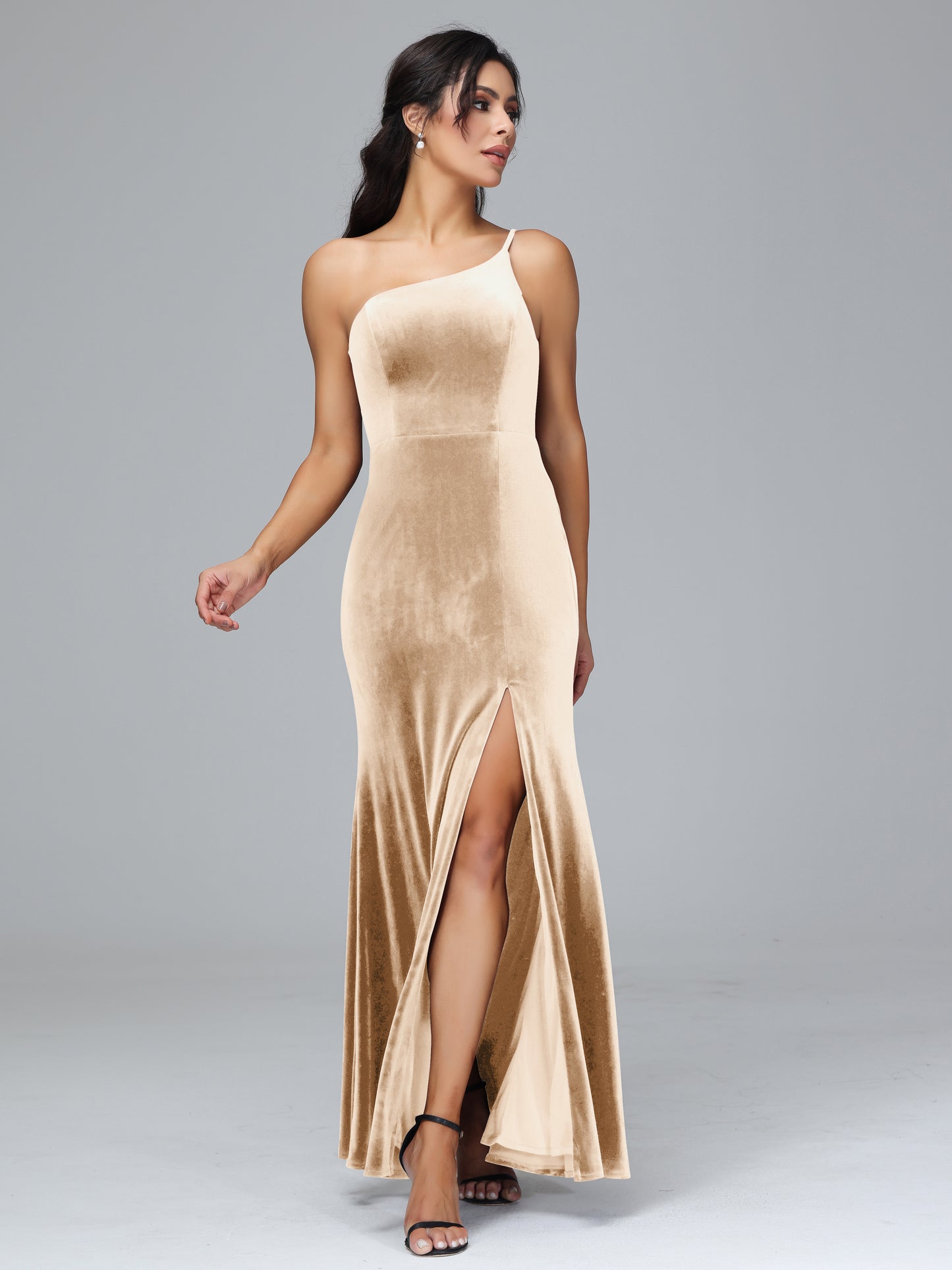 One Shoulder Velvet Bridesmaid Dress With Slit