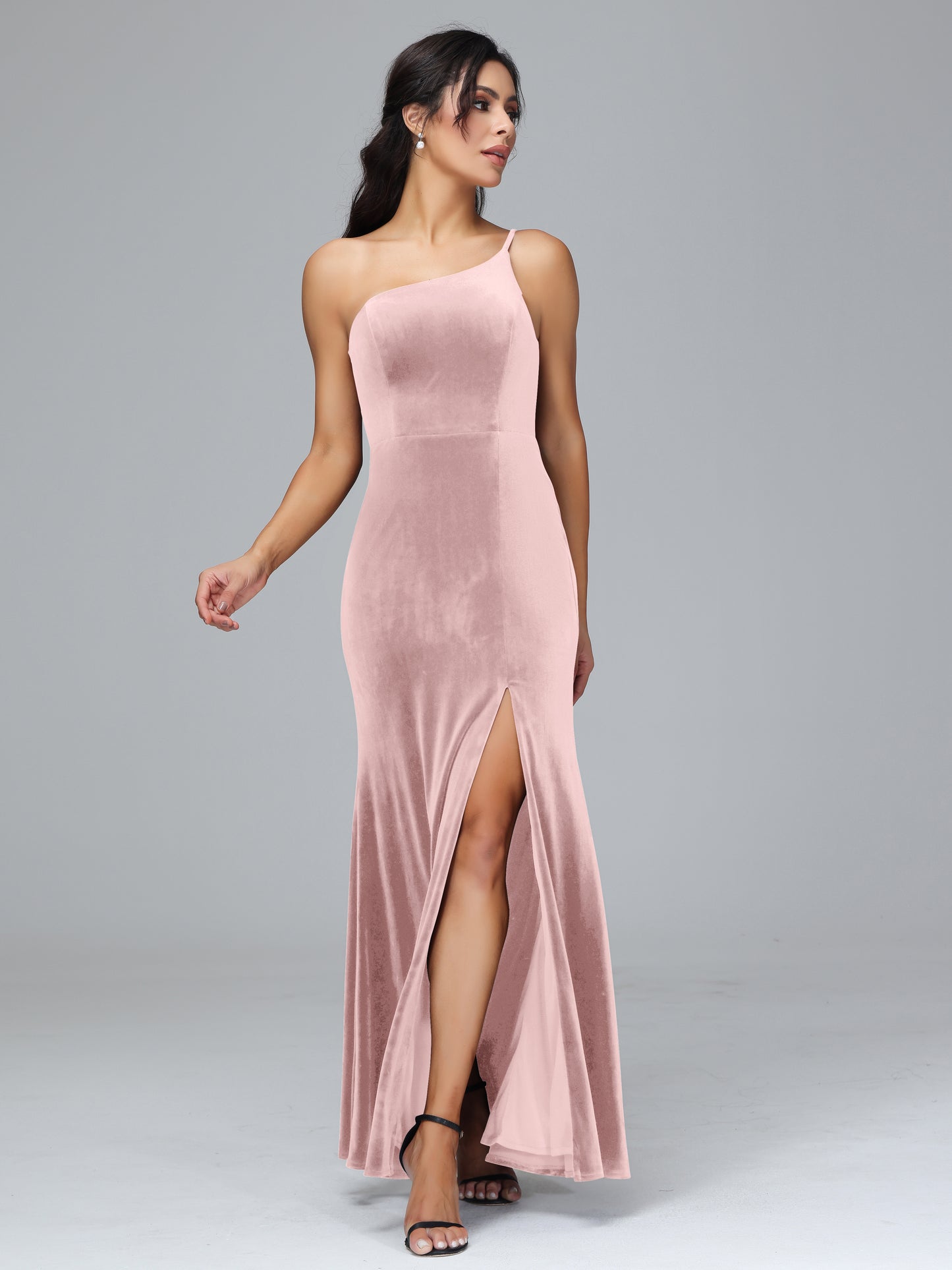 One Shoulder Velvet Bridesmaid Dress With Slit