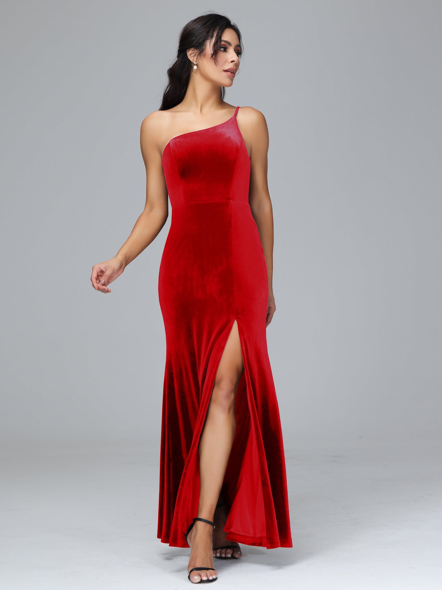 One Shoulder Plus Size Velvet Bridesmaid Dress With Slit