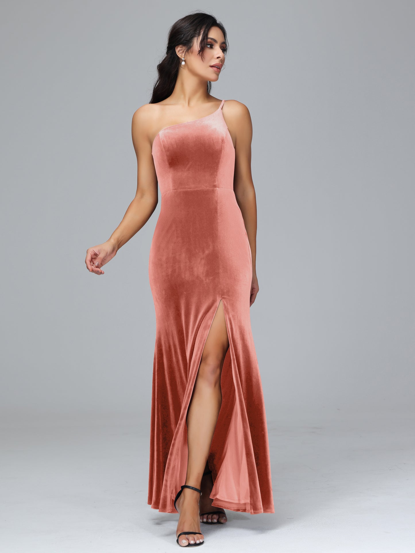 One Shoulder Velvet Bridesmaid Dress With Slit