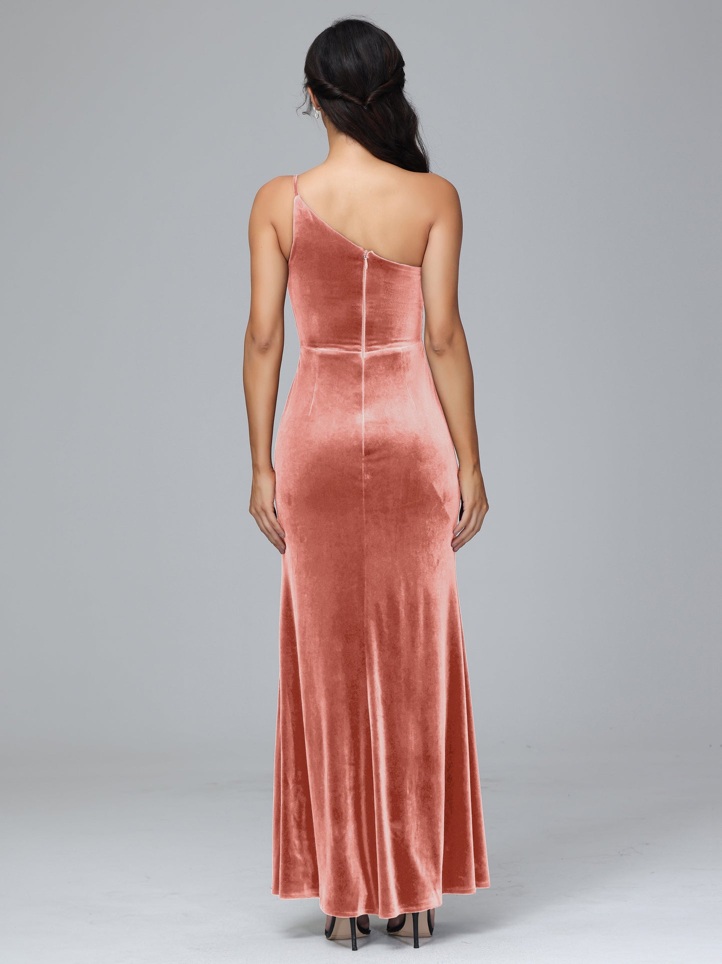 One Shoulder Plus Size Velvet Bridesmaid Dress With Slit