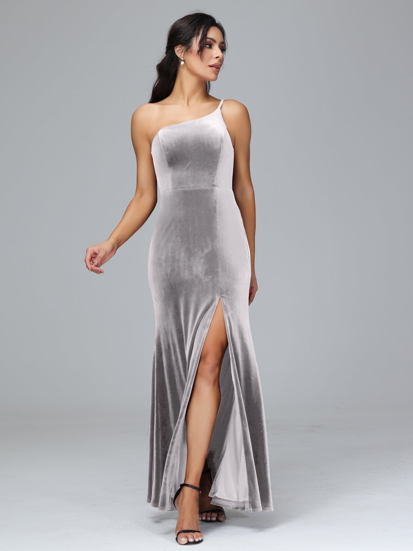 One Shoulder Velvet Bridesmaid Dress With Slit