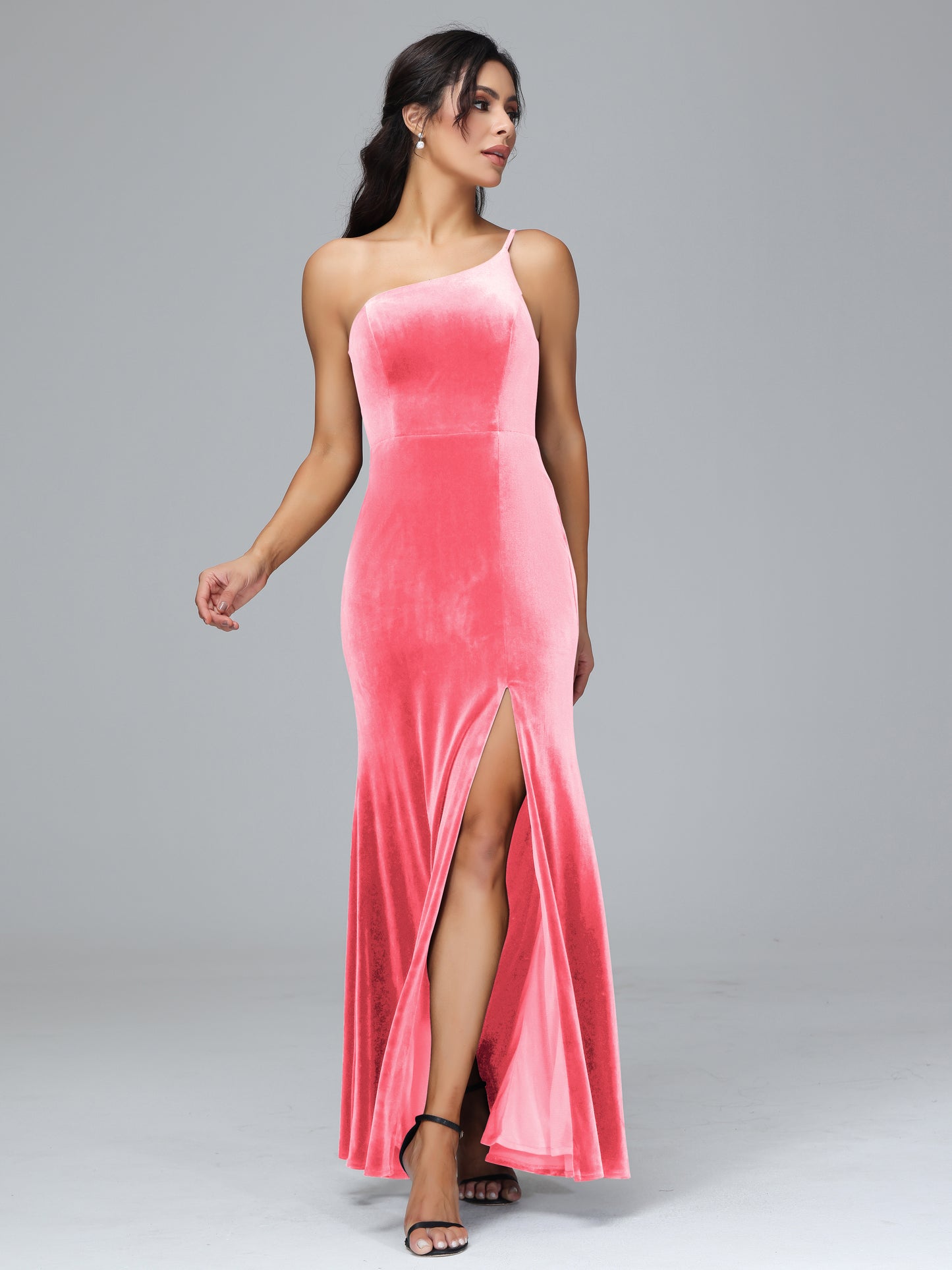 One Shoulder Velvet Bridesmaid Dress With Slit