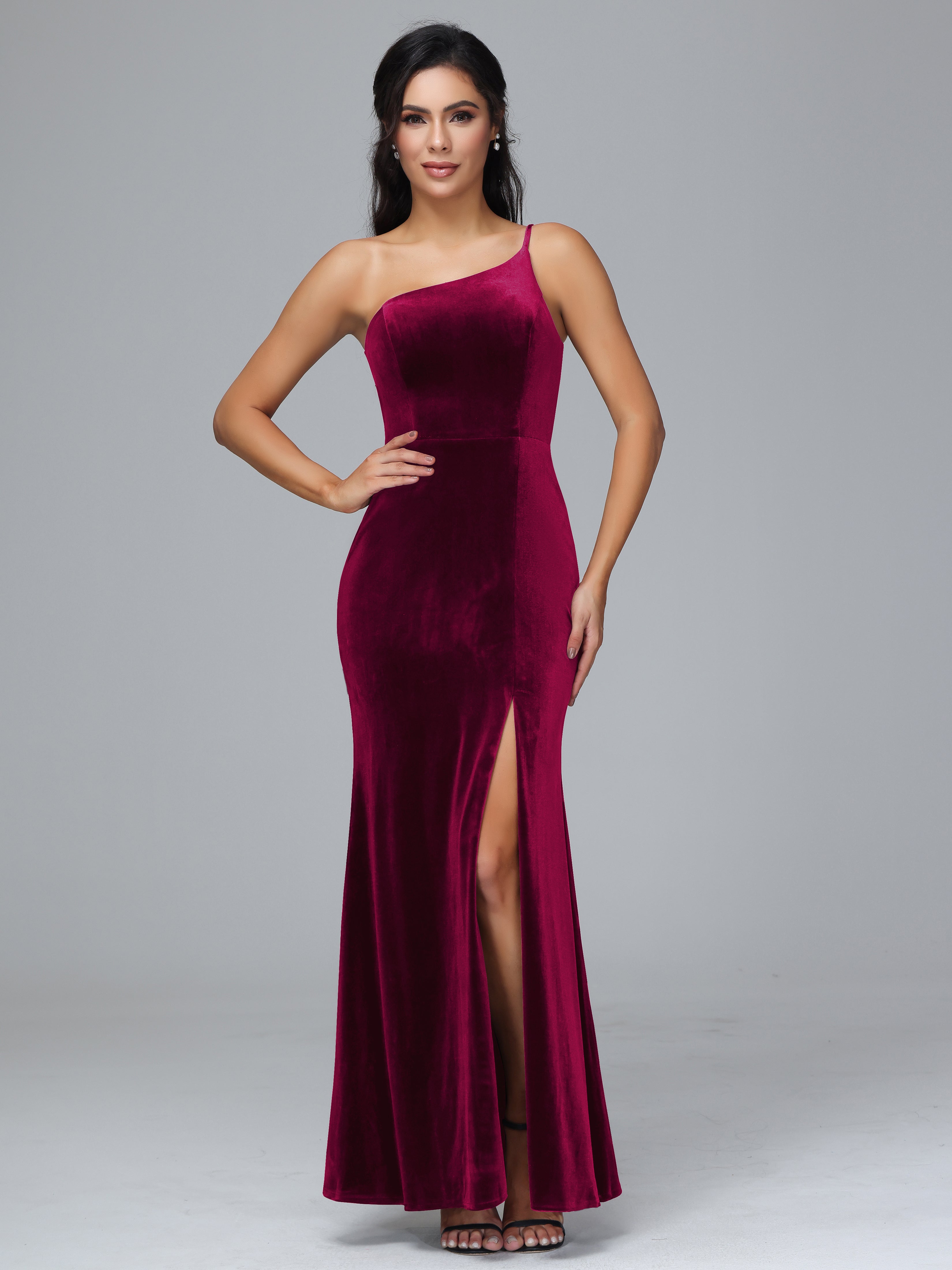 One Shoulder Velvet Bridesmaid Dress With Slit, Burgundy One Shoulder Velvet Bridesmaid Dress With Slit, Burgundy