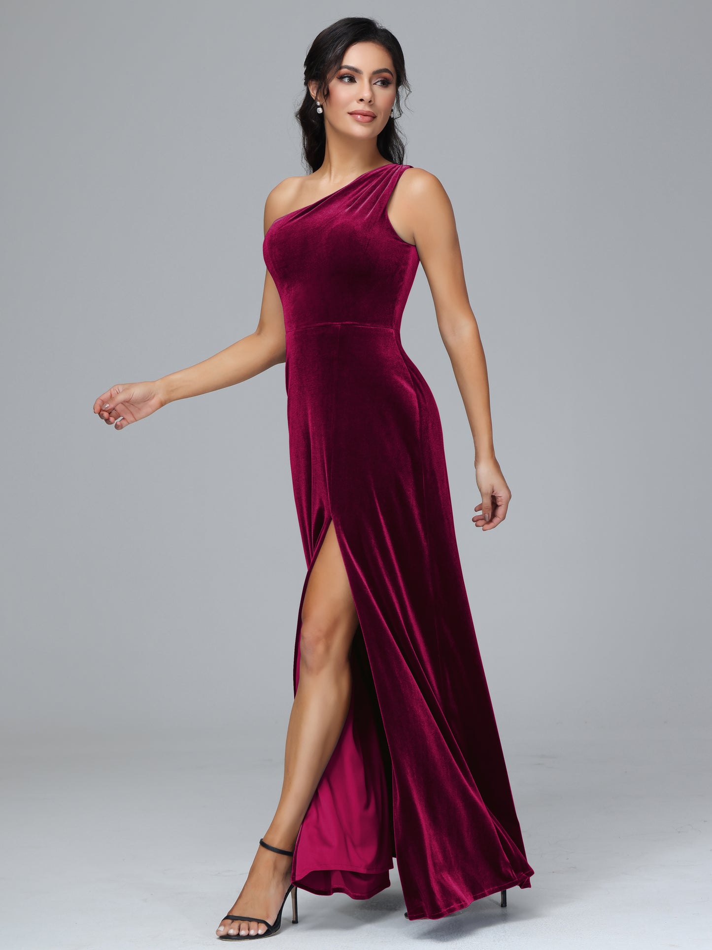 One Shoulder Velvet Bridesmaid Dress With Slit