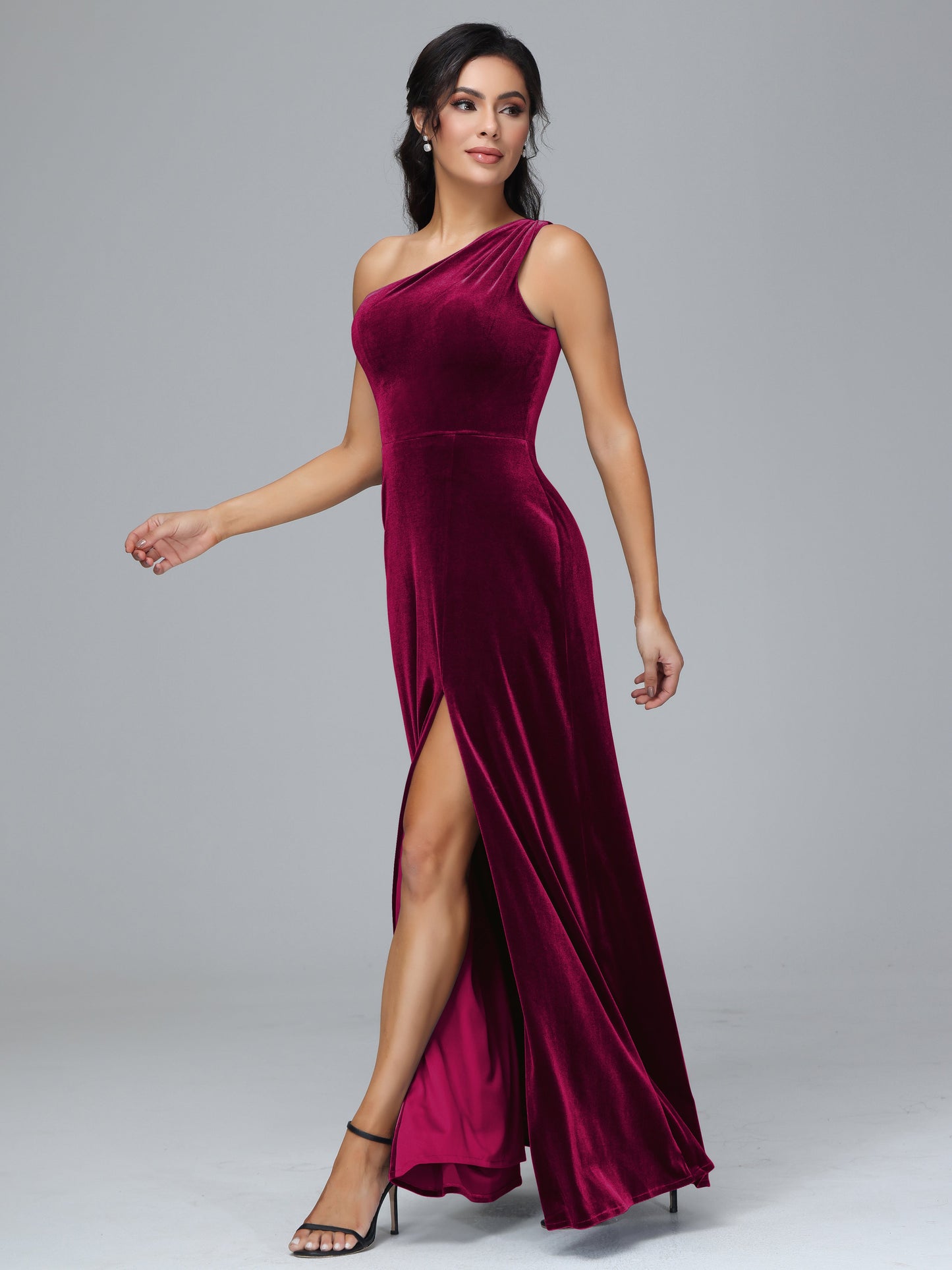 One Shoulder Plus Size Velvet Bridesmaid Dress With Slit