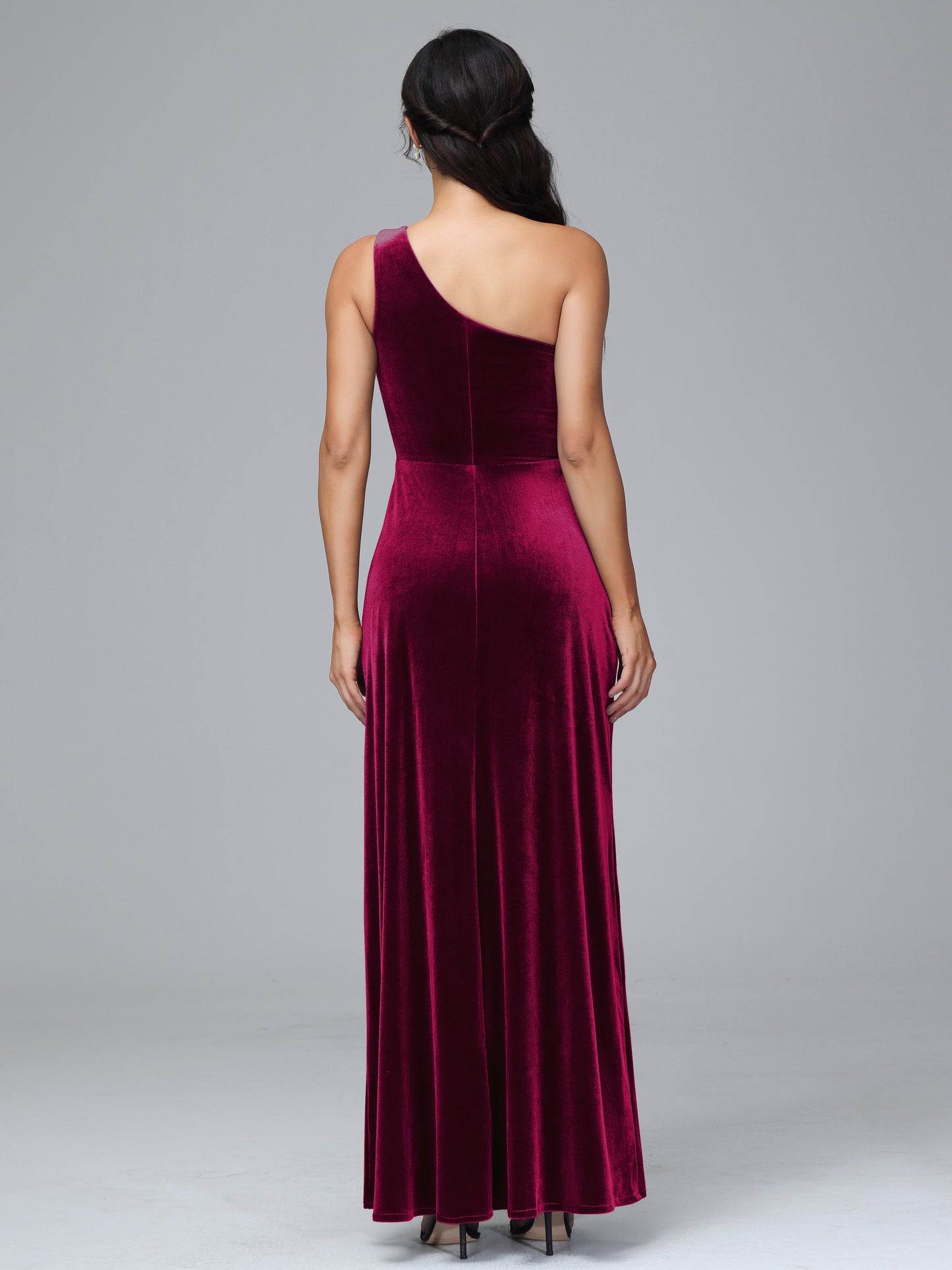 One Shoulder Plus Size Velvet Bridesmaid Dress With Slit