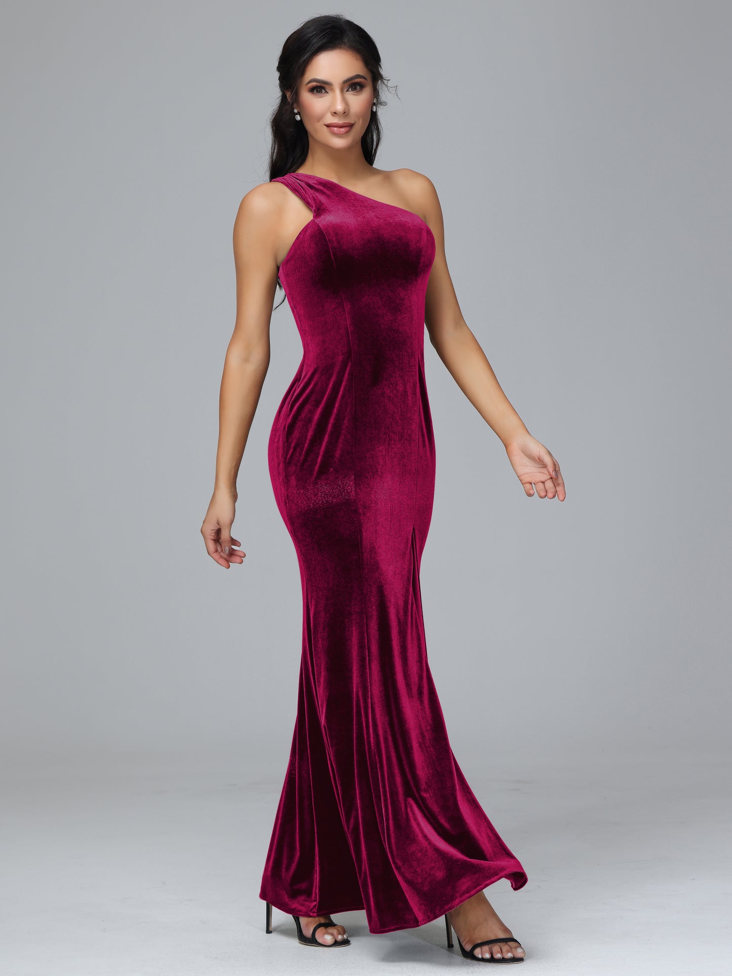 One Shoulder Velvet Bridesmaid Dress With Slit