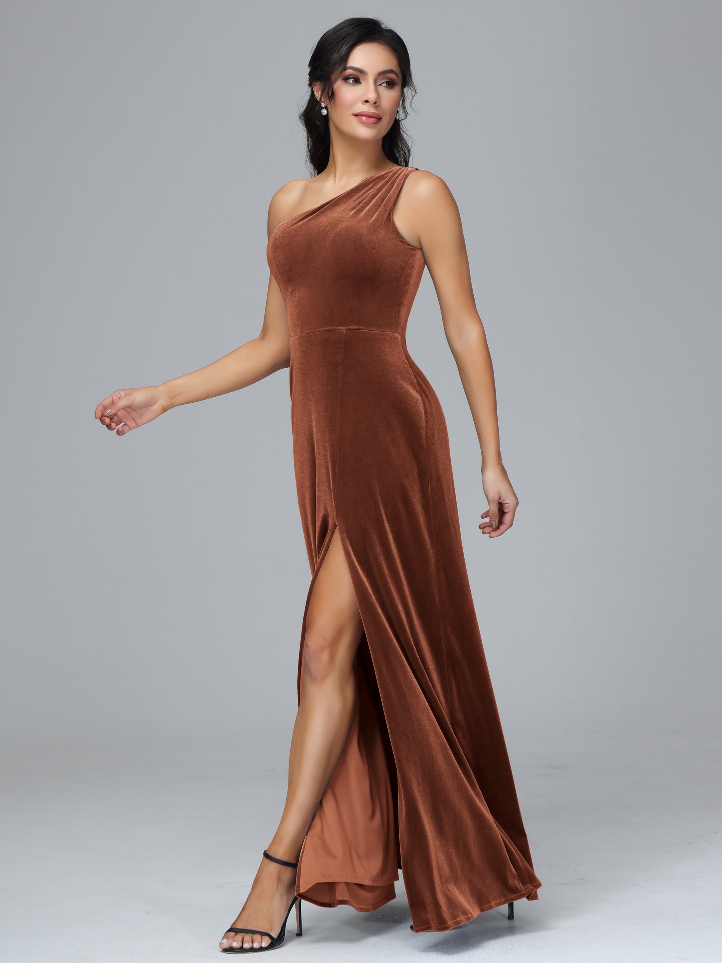 One Shoulder Velvet Bridesmaid Dress With Slit