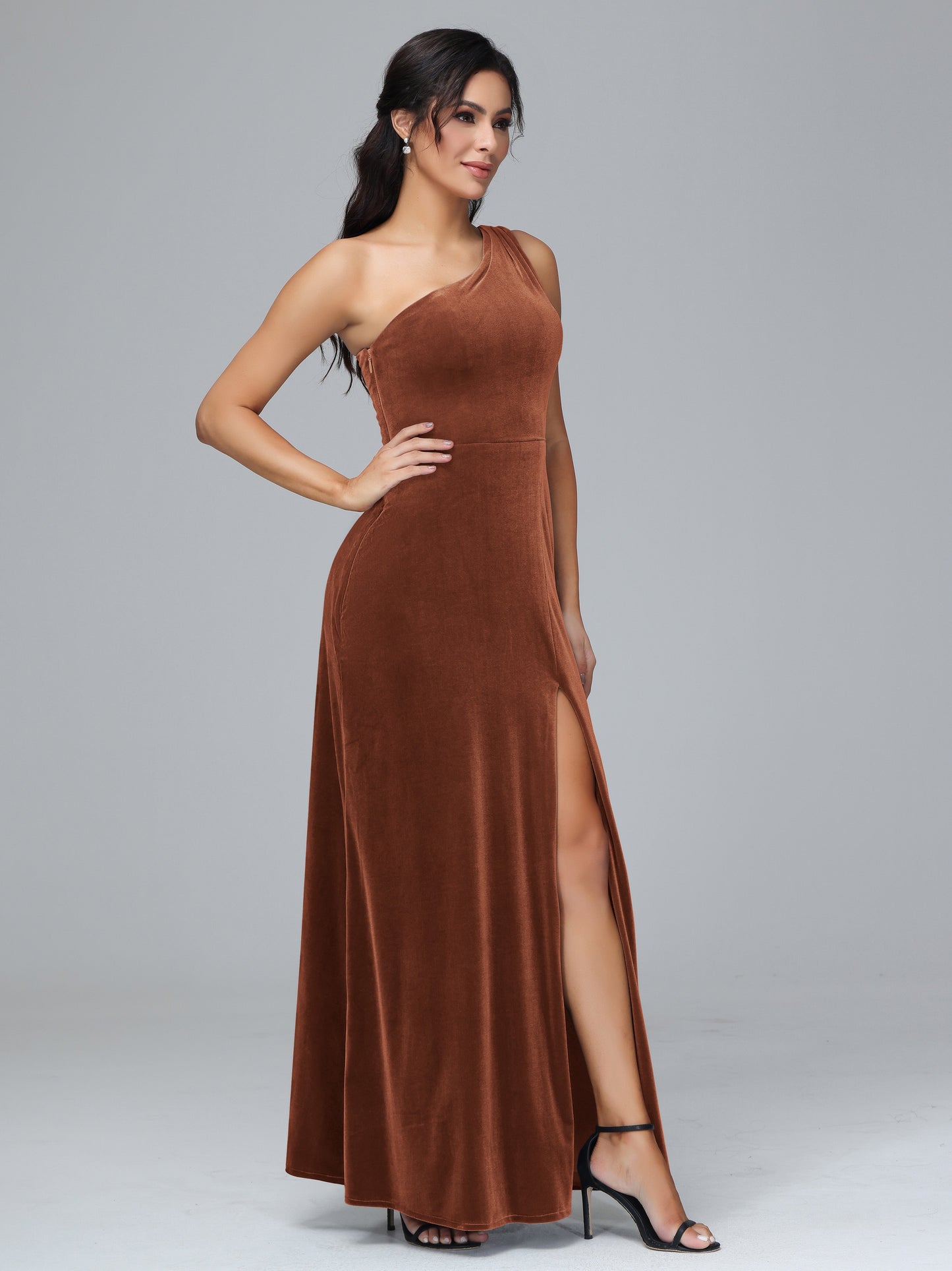One Shoulder Plus Size Velvet Bridesmaid Dress With Slit