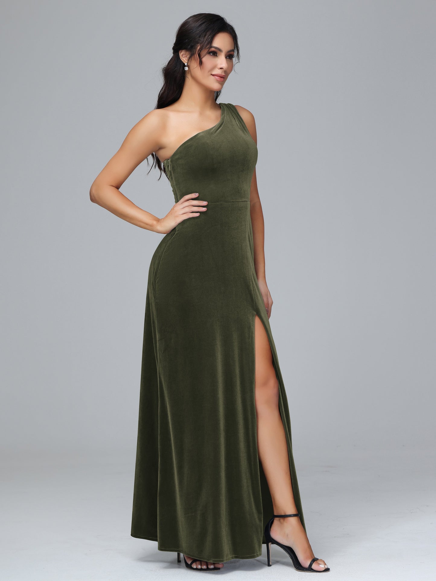 One Shoulder Plus Size Velvet Bridesmaid Dress With Slit
