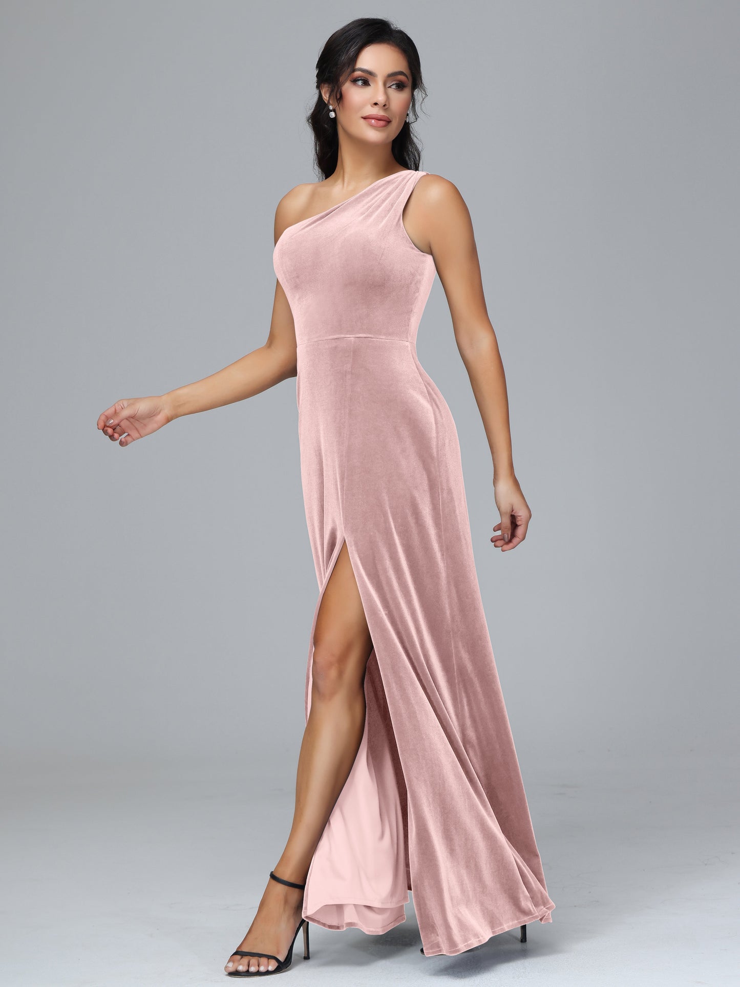 One Shoulder Plus Size Velvet Bridesmaid Dress With Slit